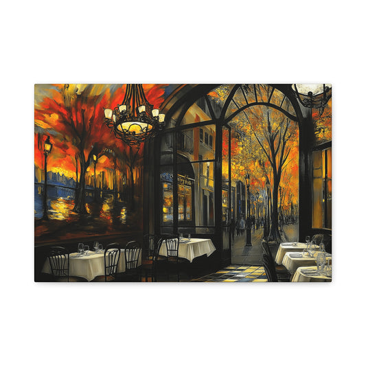 Autumn Cafe Scene Matte Canvas Artwork - Stretched Decorative Wall Art