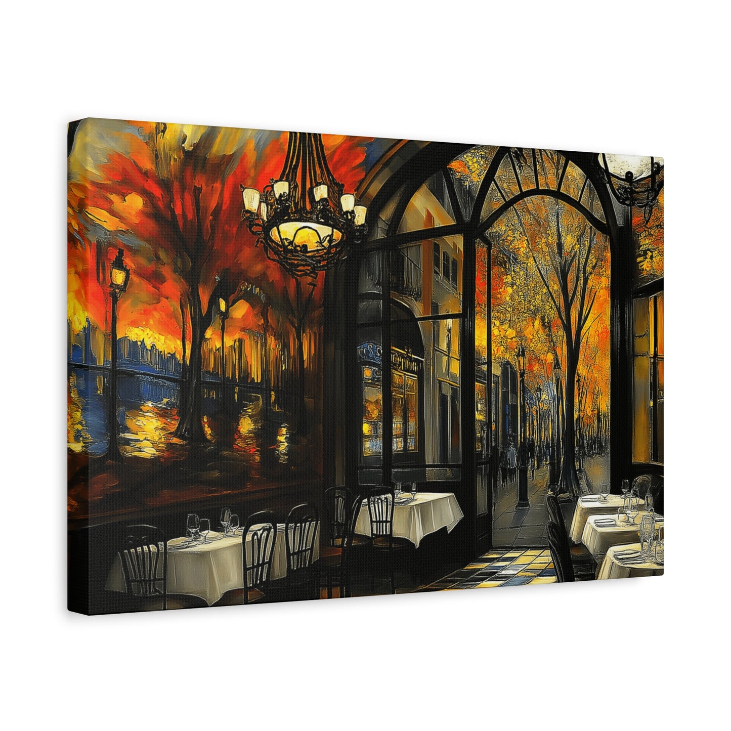 Autumn Cafe Scene Matte Canvas Artwork - Stretched Decorative Wall Art