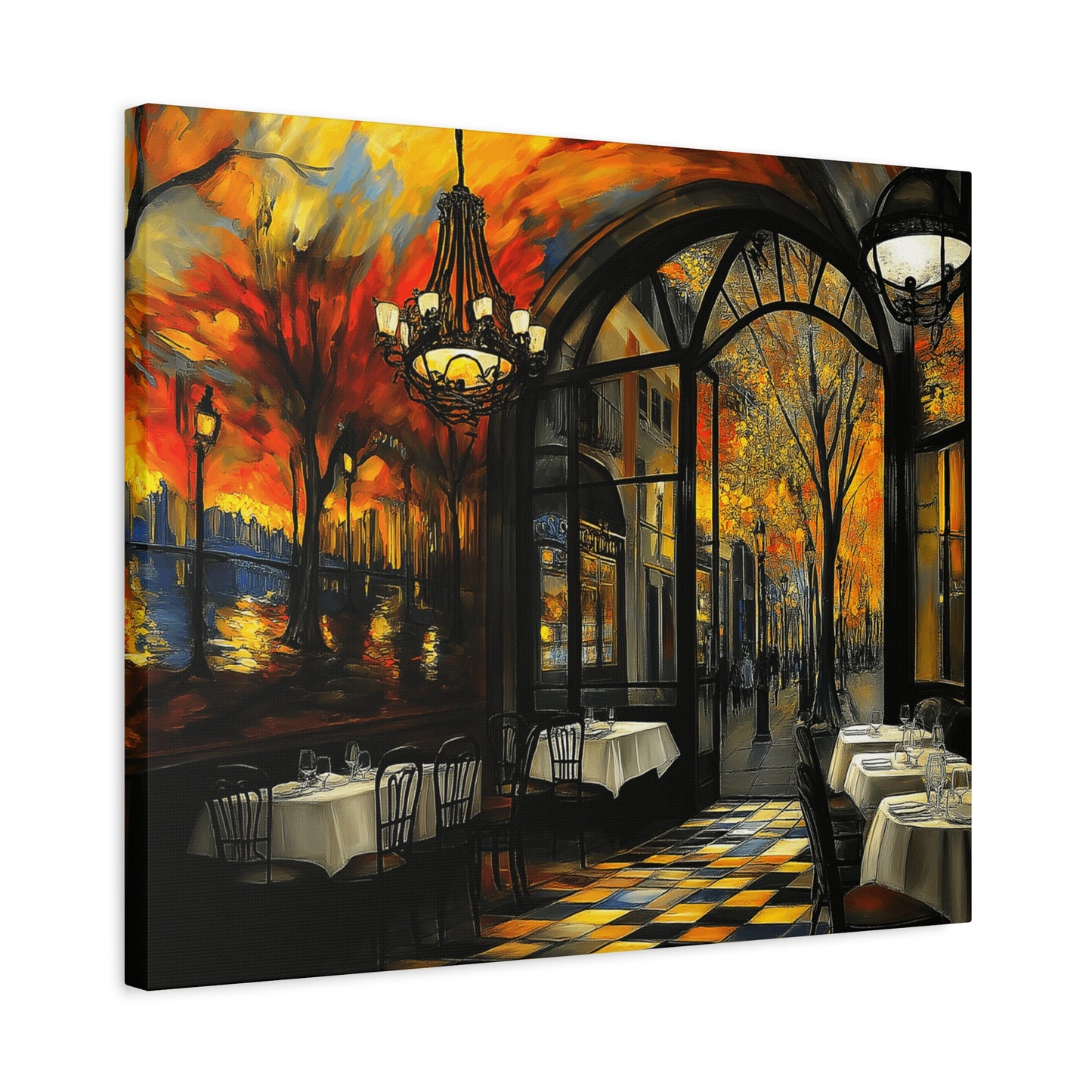 Autumn Cafe Scene Matte Canvas Artwork - Stretched Decorative Wall Art