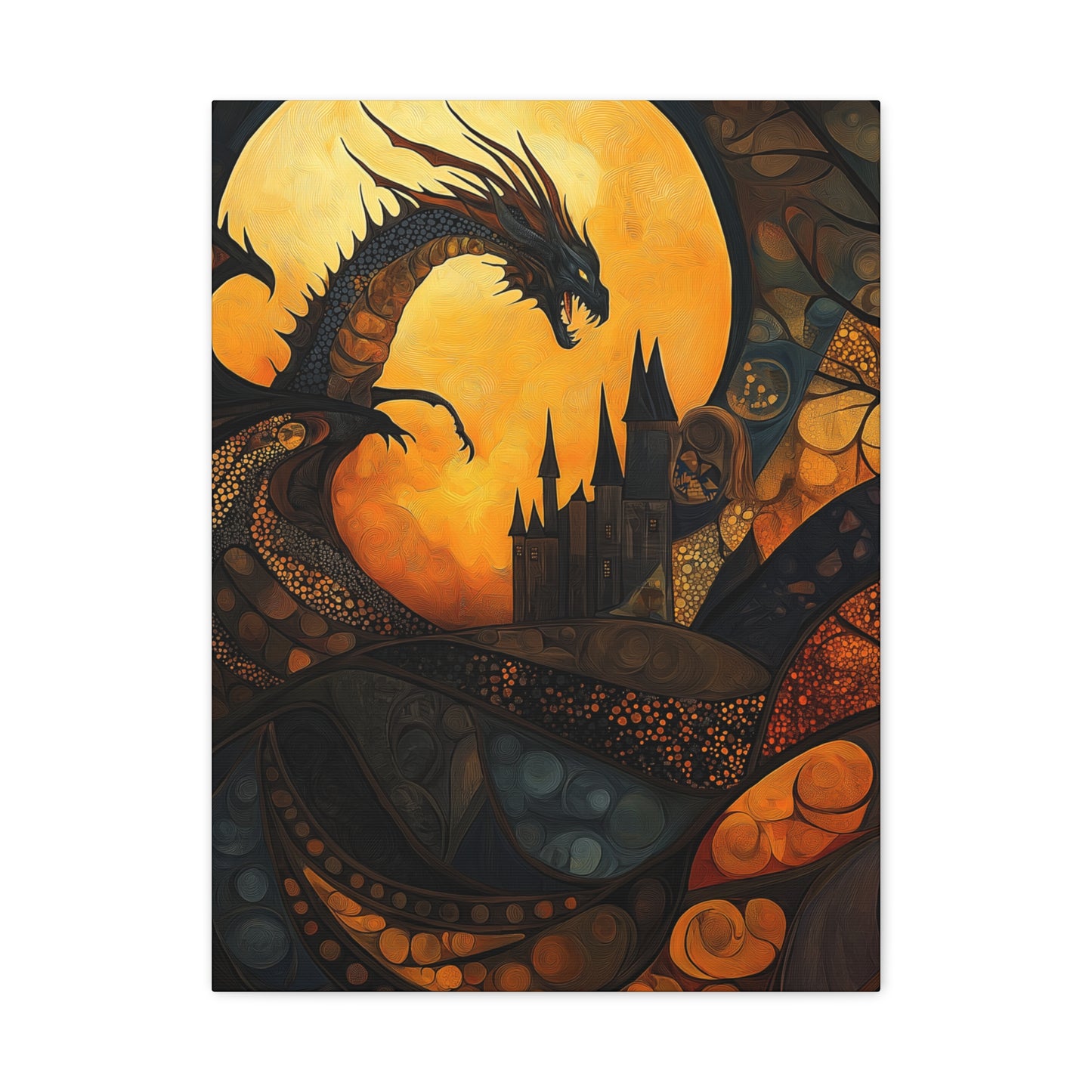 Fantasy Dragon Canvas Wall Art – Majestic Castle & Midnight Sky
