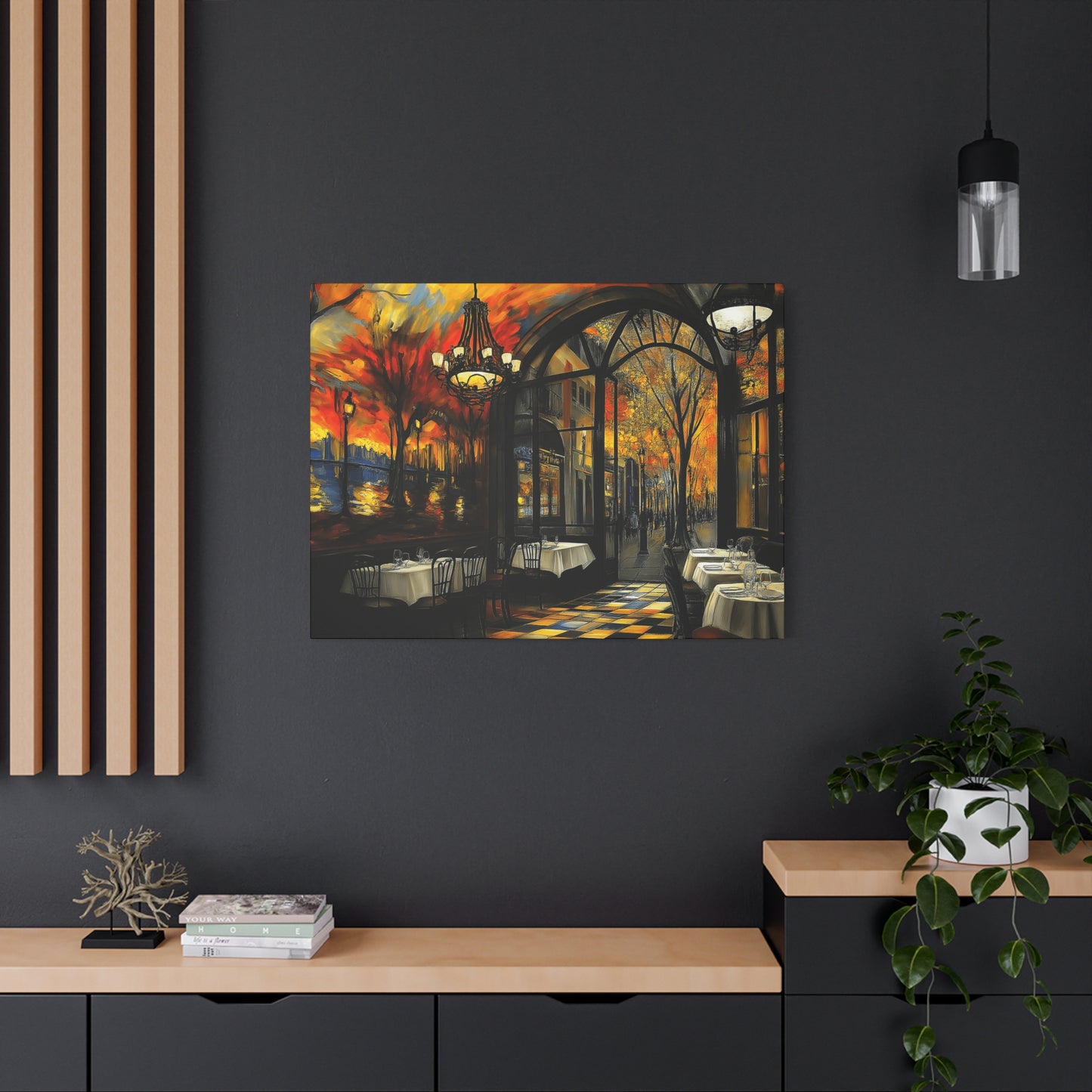 Autumn Cafe Scene Matte Canvas Artwork - Stretched Decorative Wall Art