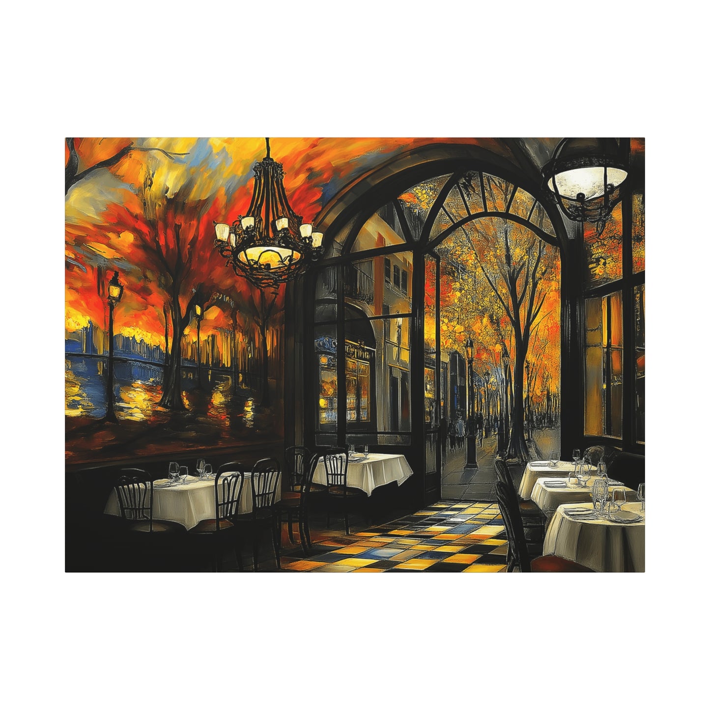 Autumn Cafe Scene Matte Canvas Artwork - Stretched Decorative Wall Art