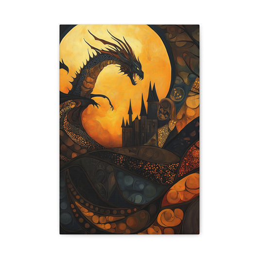 Fantasy Dragon Canvas Wall Art – Majestic Castle & Midnight Sky