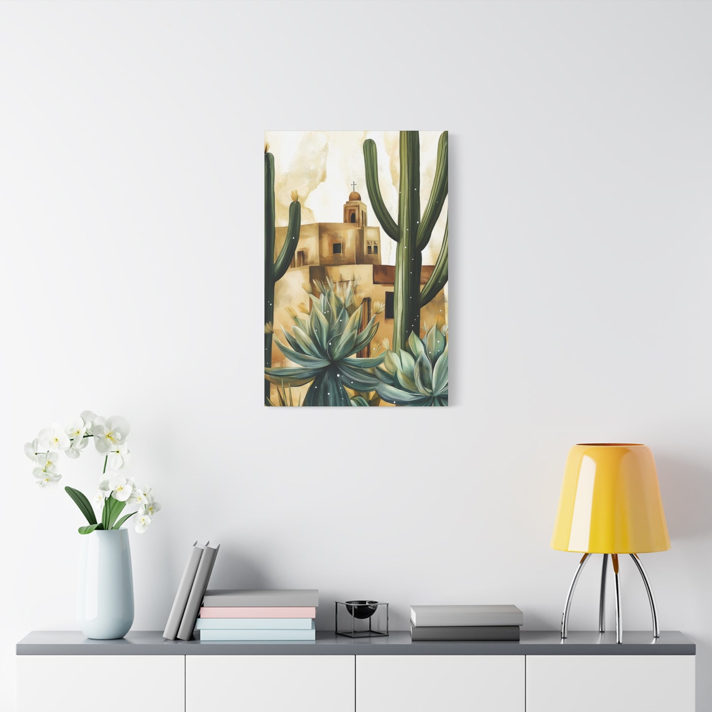 Canvas Wall Art - Desert Adobe Church and Cacti Flourish