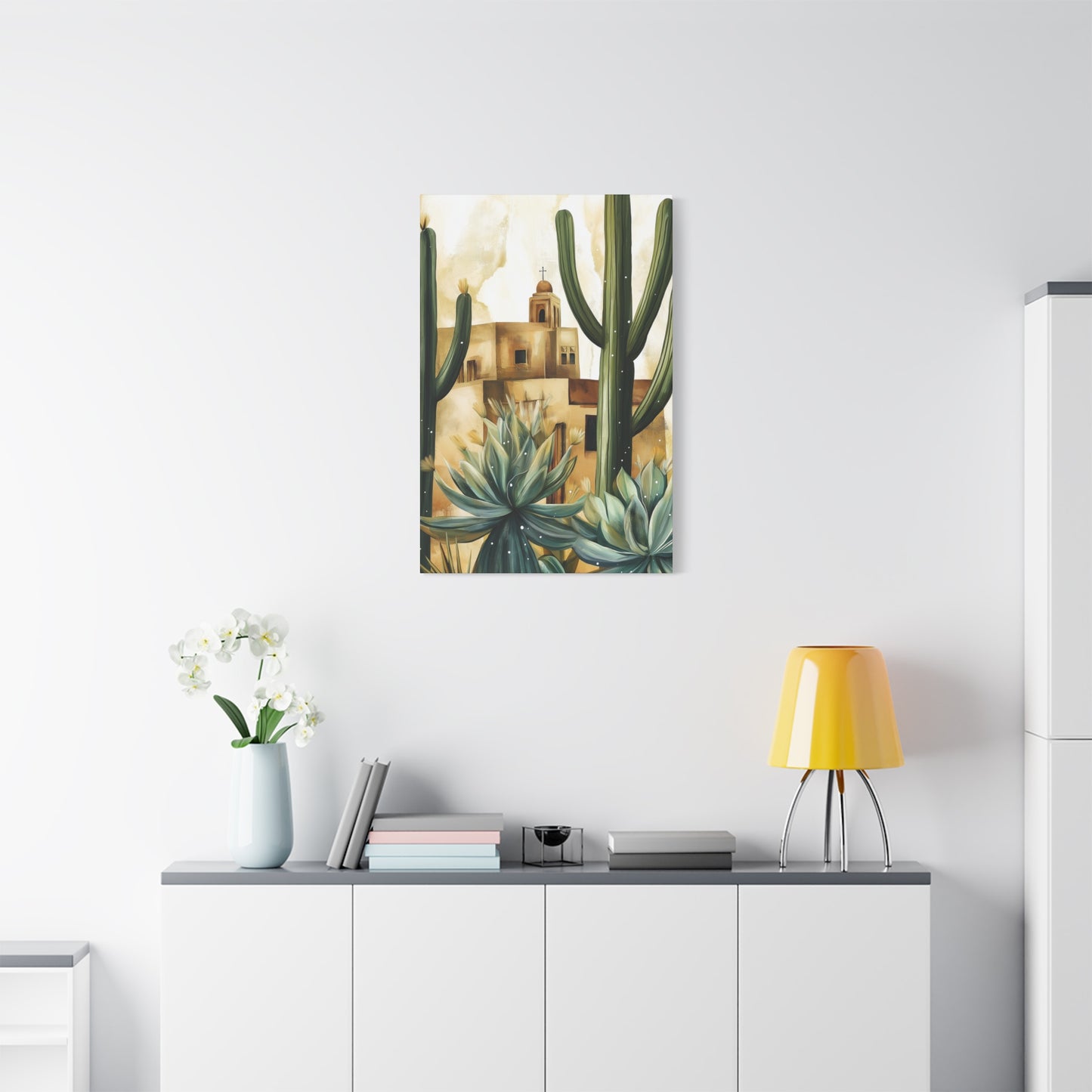 Canvas Wall Art - Desert Adobe Church and Cacti Flourish