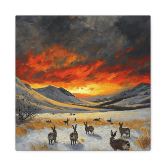 Stretched Canvas Art: Snowy Landscape with Rabbits - Perfect for Home Décor