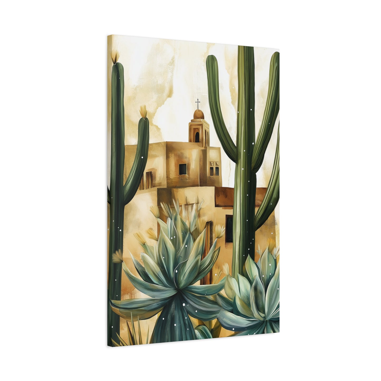 Canvas Wall Art - Desert Adobe Church and Cacti Flourish