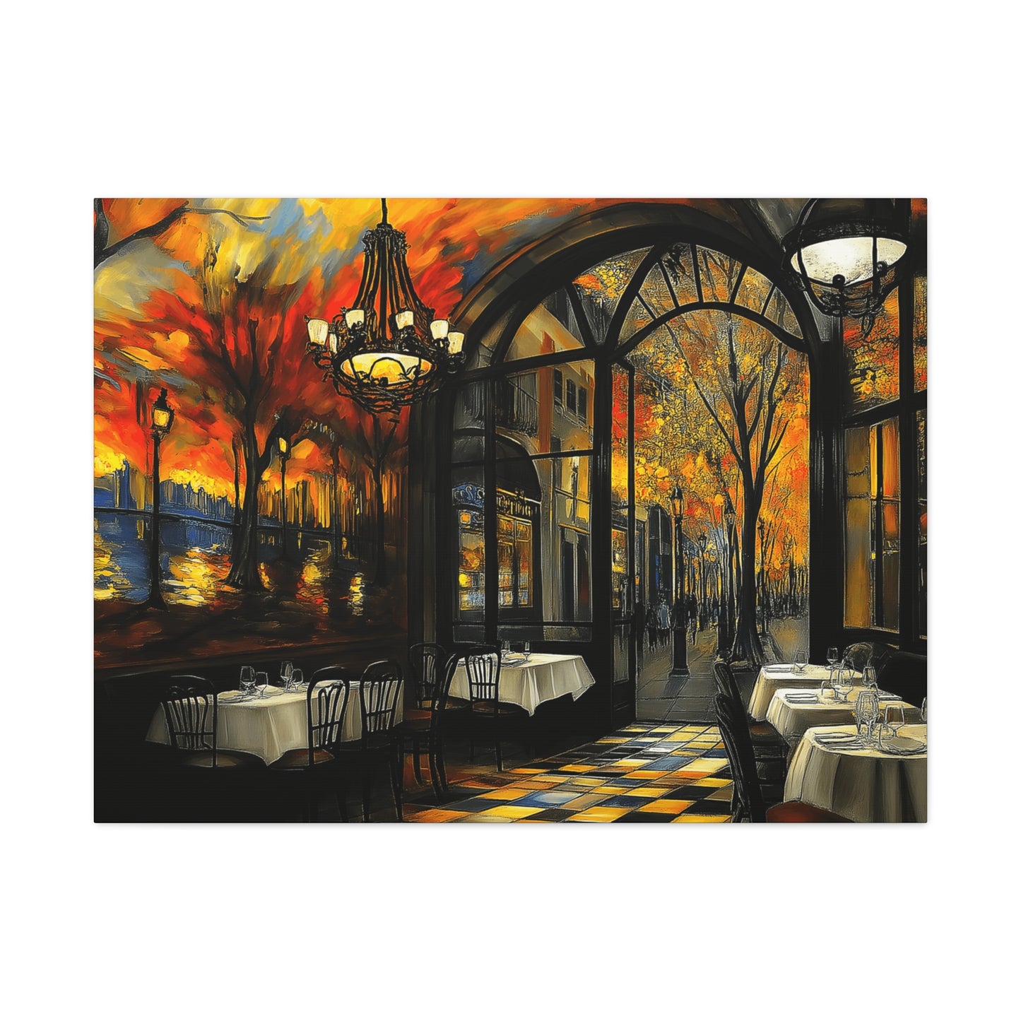 Autumn Cafe Scene Matte Canvas Artwork - Stretched Decorative Wall Art