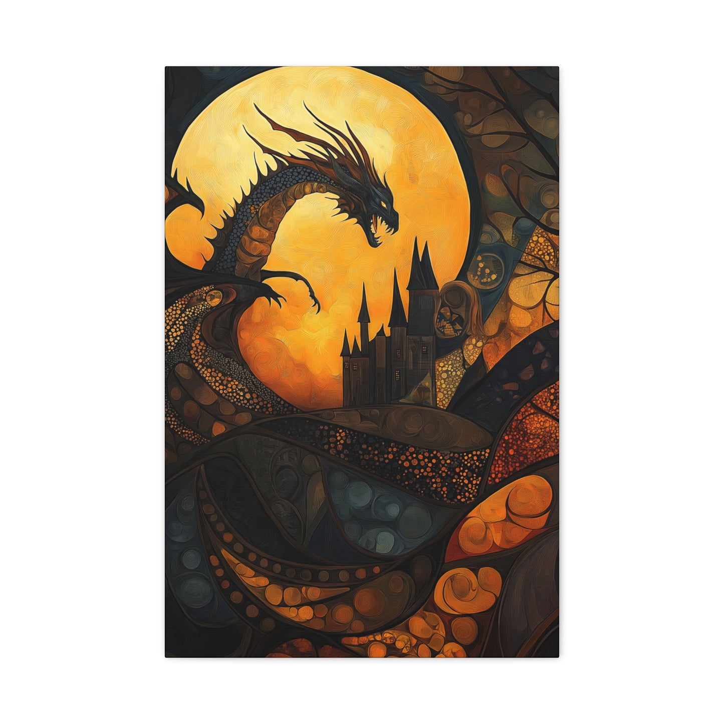 Fantasy Dragon Canvas Wall Art – Majestic Castle & Midnight Sky