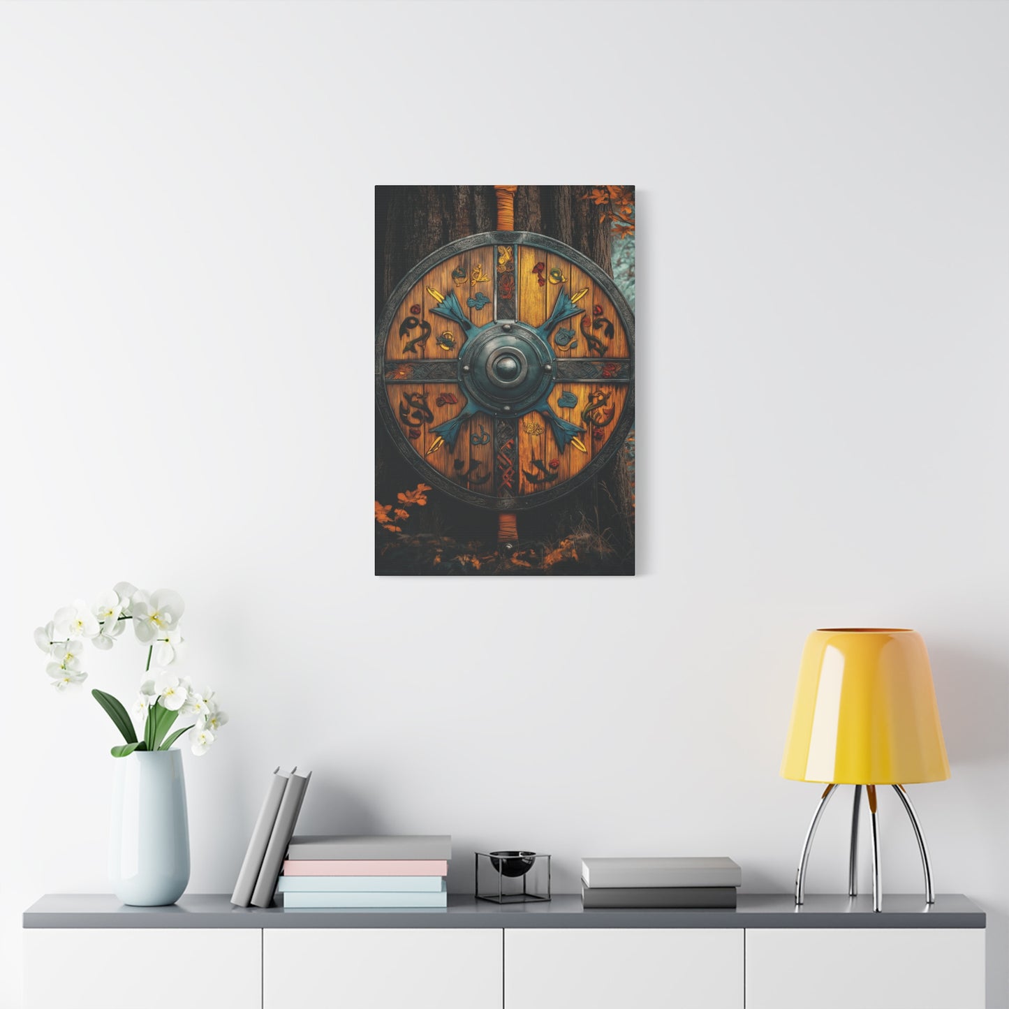 Viking Shield Wall Art - Matte Canvas Print, 1.25" Depth, Rustic Fantasy Decor