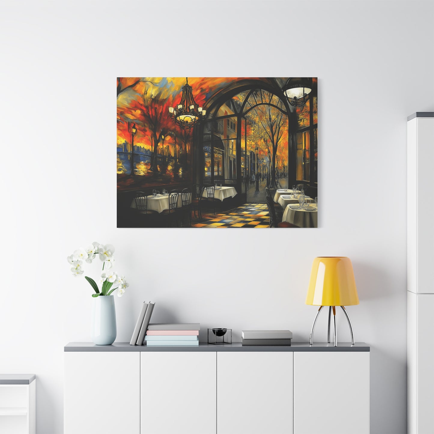Autumn Cafe Scene Matte Canvas Artwork - Stretched Decorative Wall Art