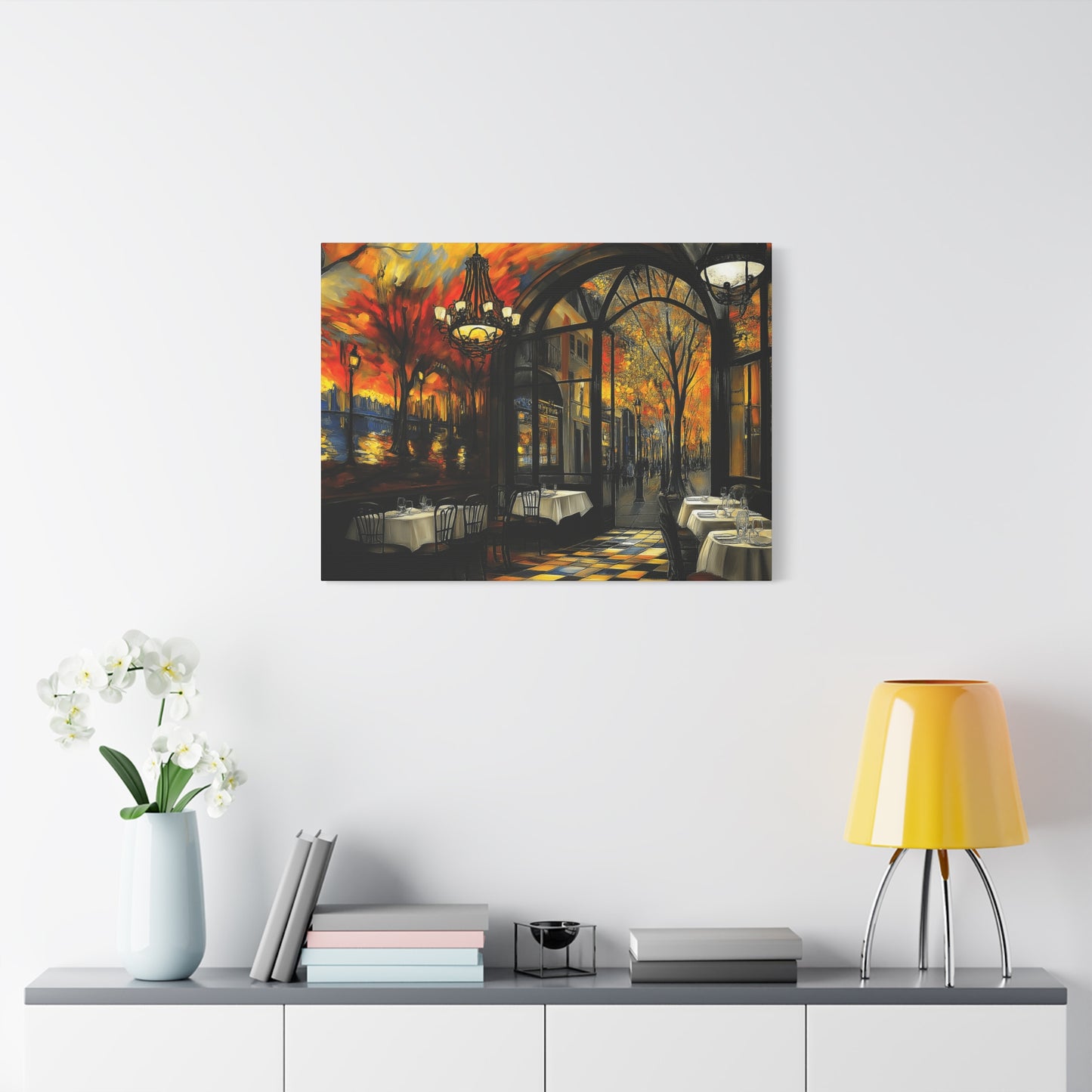Autumn Cafe Scene Matte Canvas Artwork - Stretched Decorative Wall Art