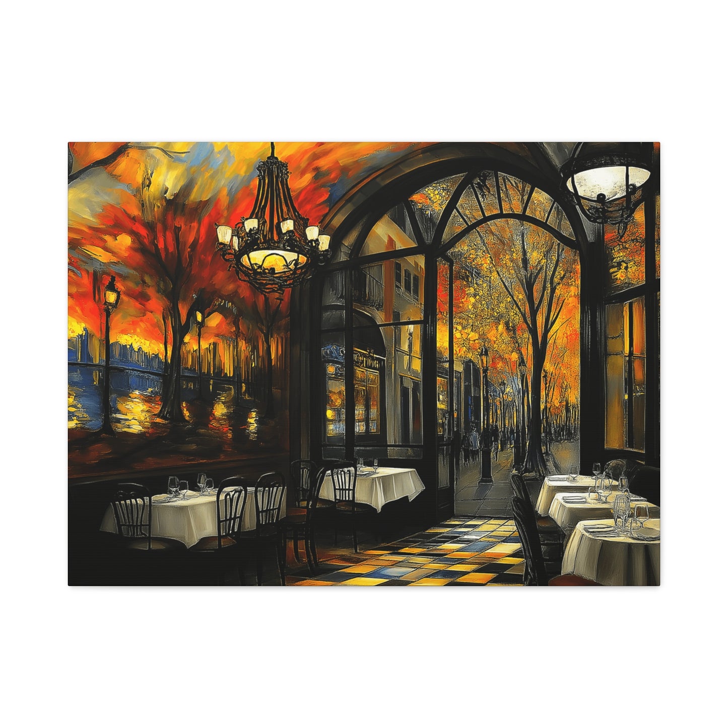 Autumn Cafe Scene Matte Canvas Artwork - Stretched Decorative Wall Art
