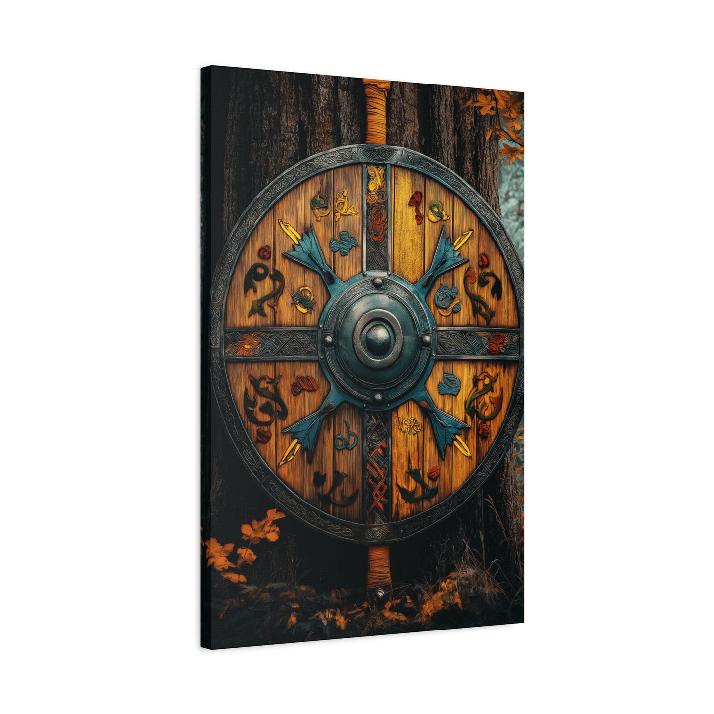 Viking Shield Wall Art - Matte Canvas Print, 1.25" Depth, Rustic Fantasy Decor