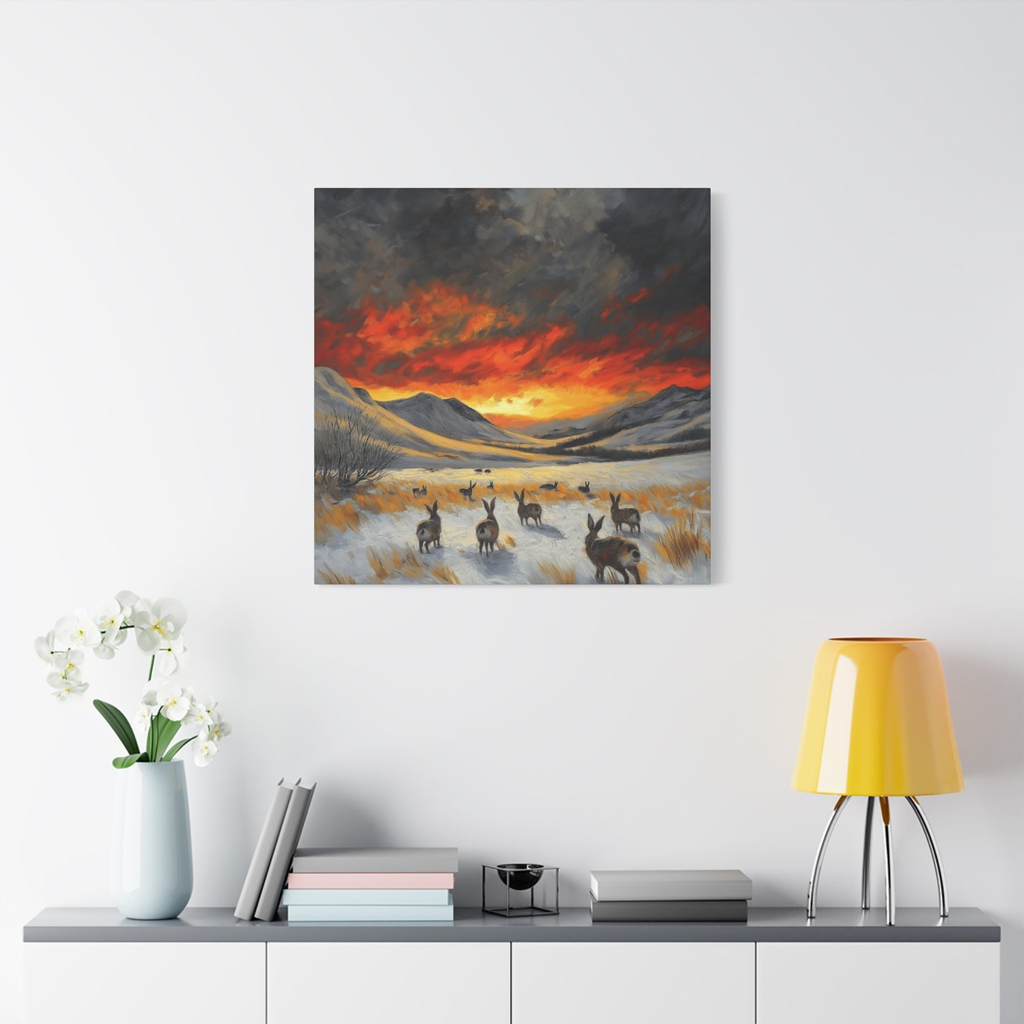 Stretched Canvas Art: Snowy Landscape with Rabbits - Perfect for Home Décor
