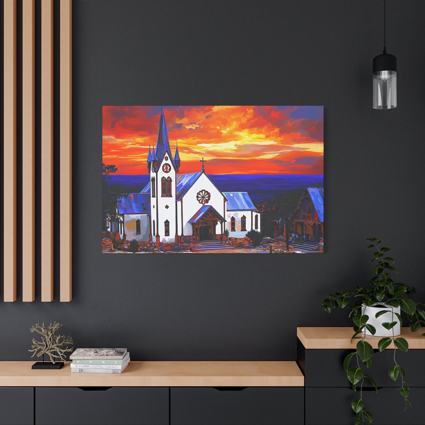Canvas Print - Bold White Church with Fire Sky