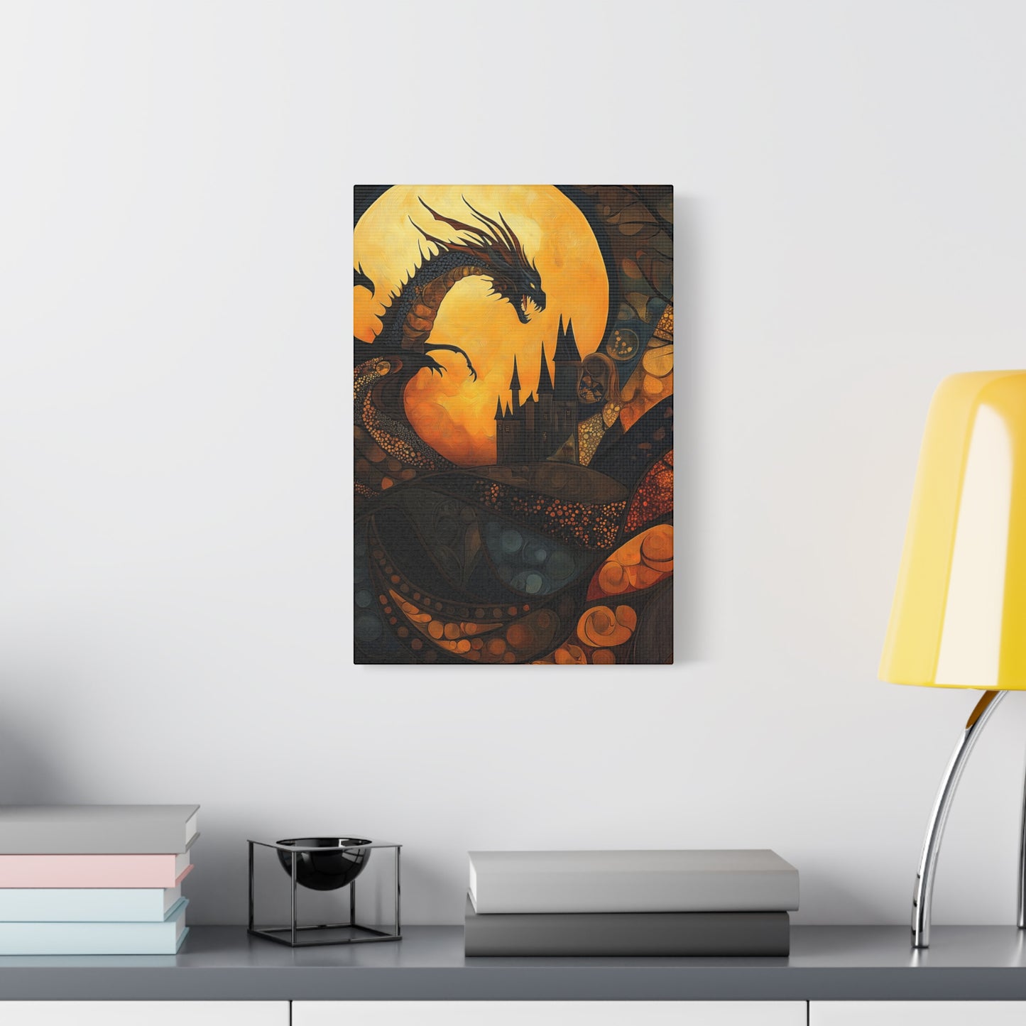 Fantasy Dragon Canvas Wall Art – Majestic Castle & Midnight Sky