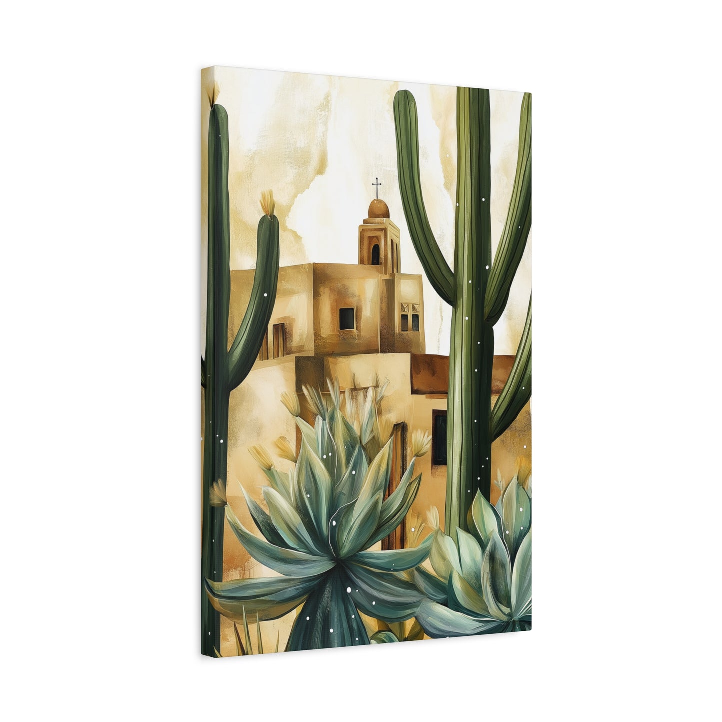 Canvas Wall Art - Desert Adobe Church and Cacti Flourish