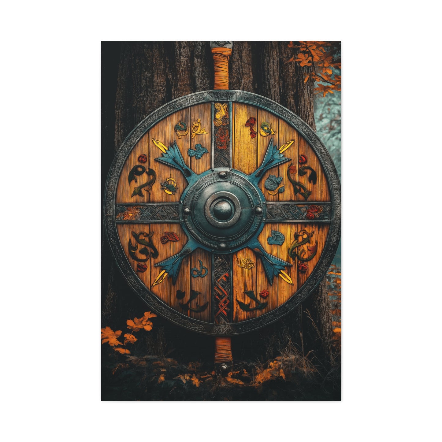 Viking Shield Wall Art - Matte Canvas Print, 1.25" Depth, Rustic Fantasy Decor
