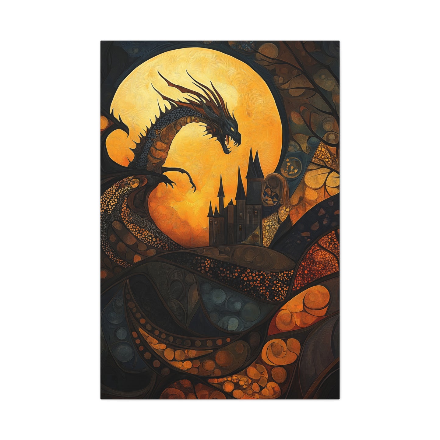 Fantasy Dragon Canvas Wall Art – Majestic Castle & Midnight Sky