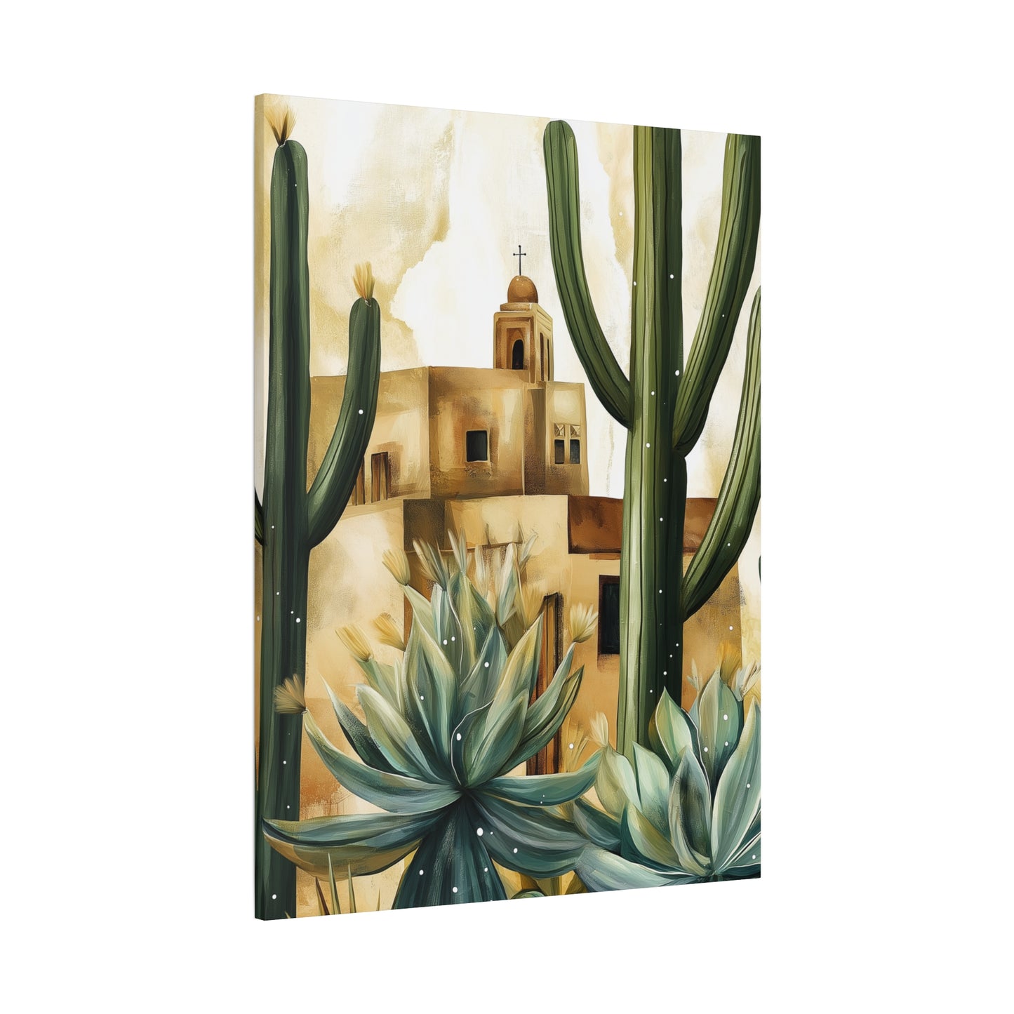 Canvas Wall Art - Desert Adobe Church and Cacti Flourish
