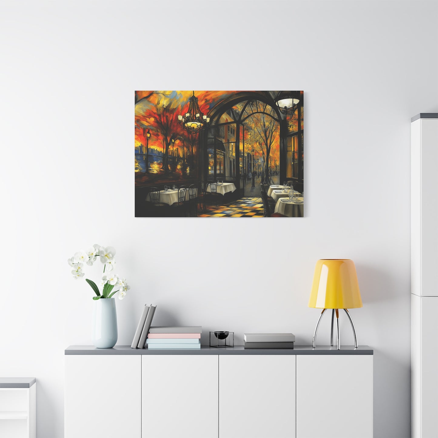 Autumn Cafe Scene Matte Canvas Artwork - Stretched Decorative Wall Art