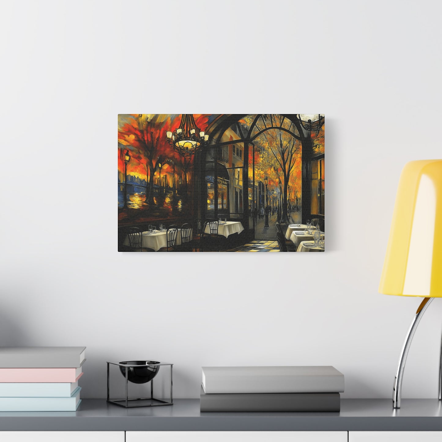 Autumn Cafe Scene Matte Canvas Artwork - Stretched Decorative Wall Art