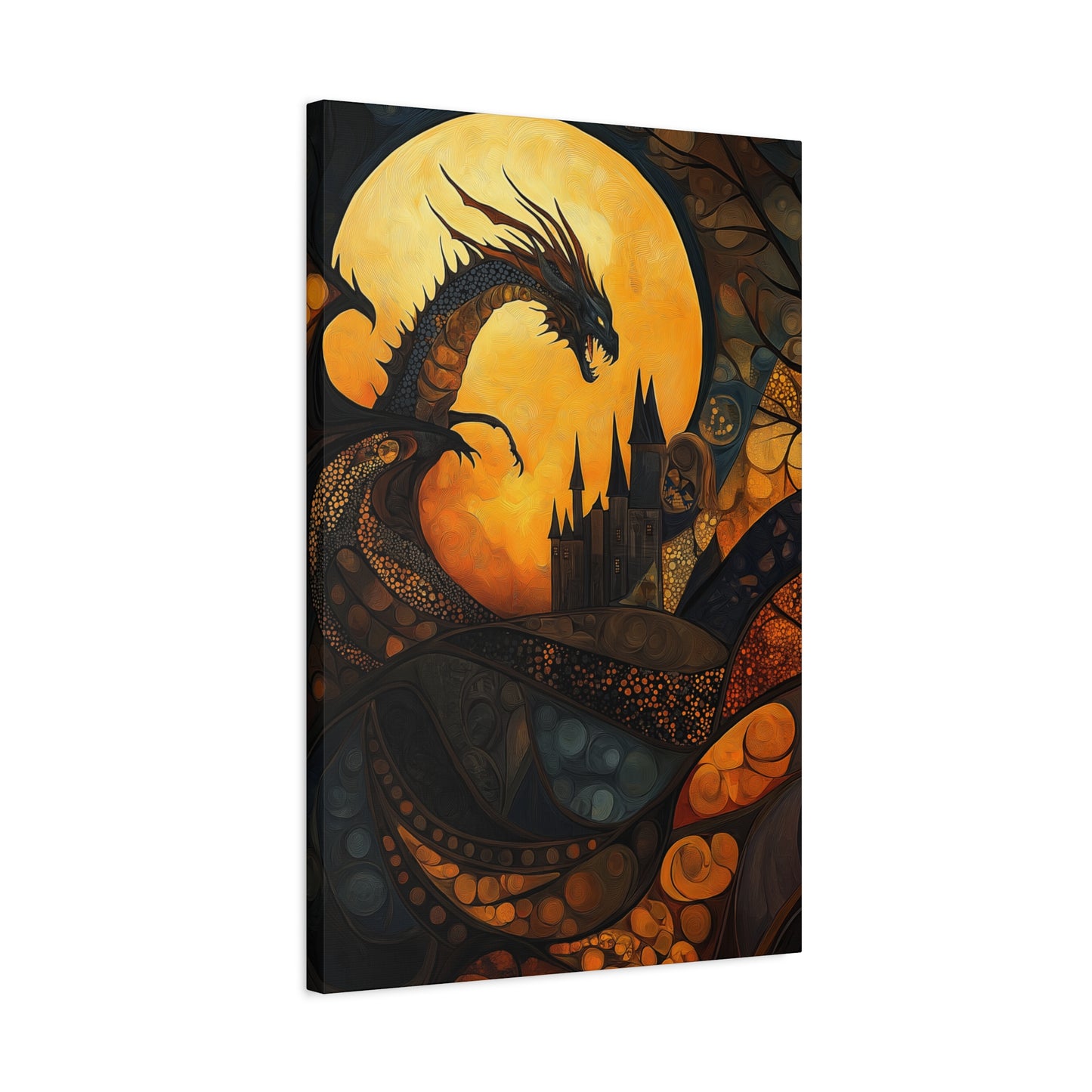 Fantasy Dragon Canvas Wall Art – Majestic Castle & Midnight Sky