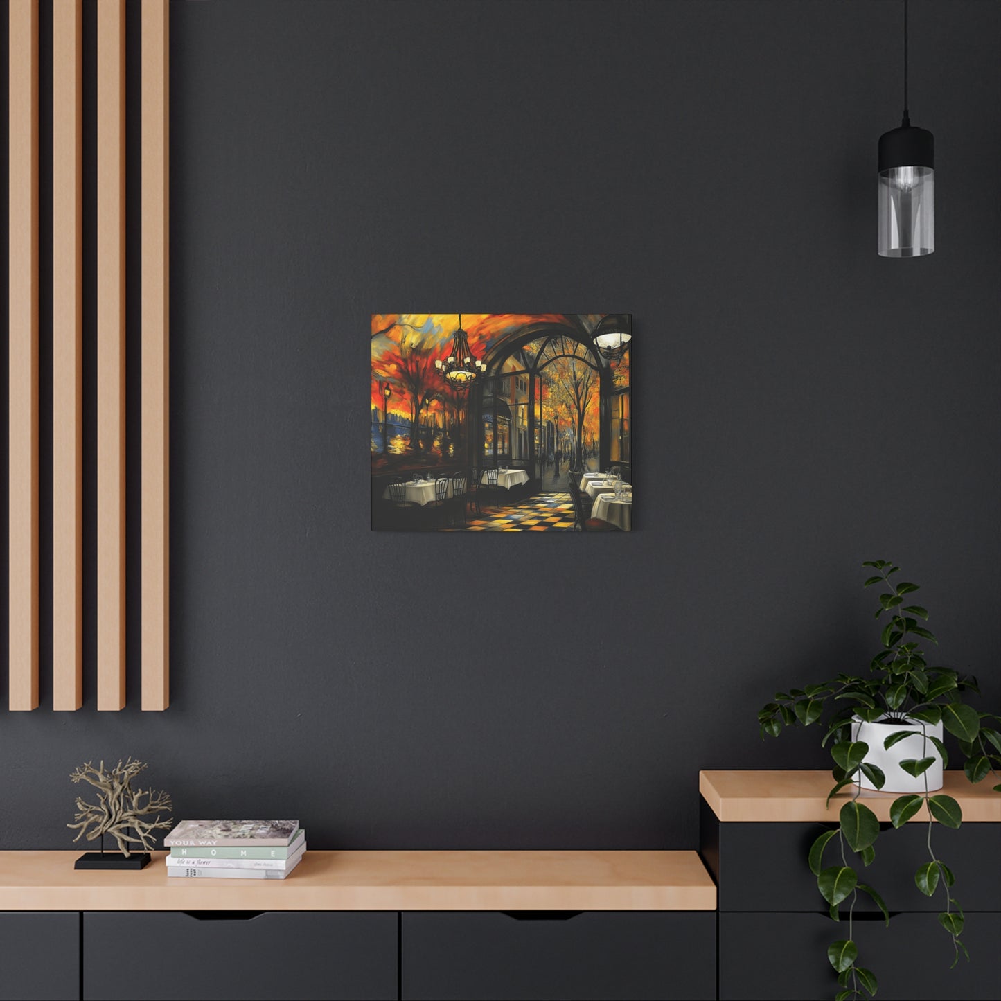 Autumn Cafe Scene Matte Canvas Artwork - Stretched Decorative Wall Art