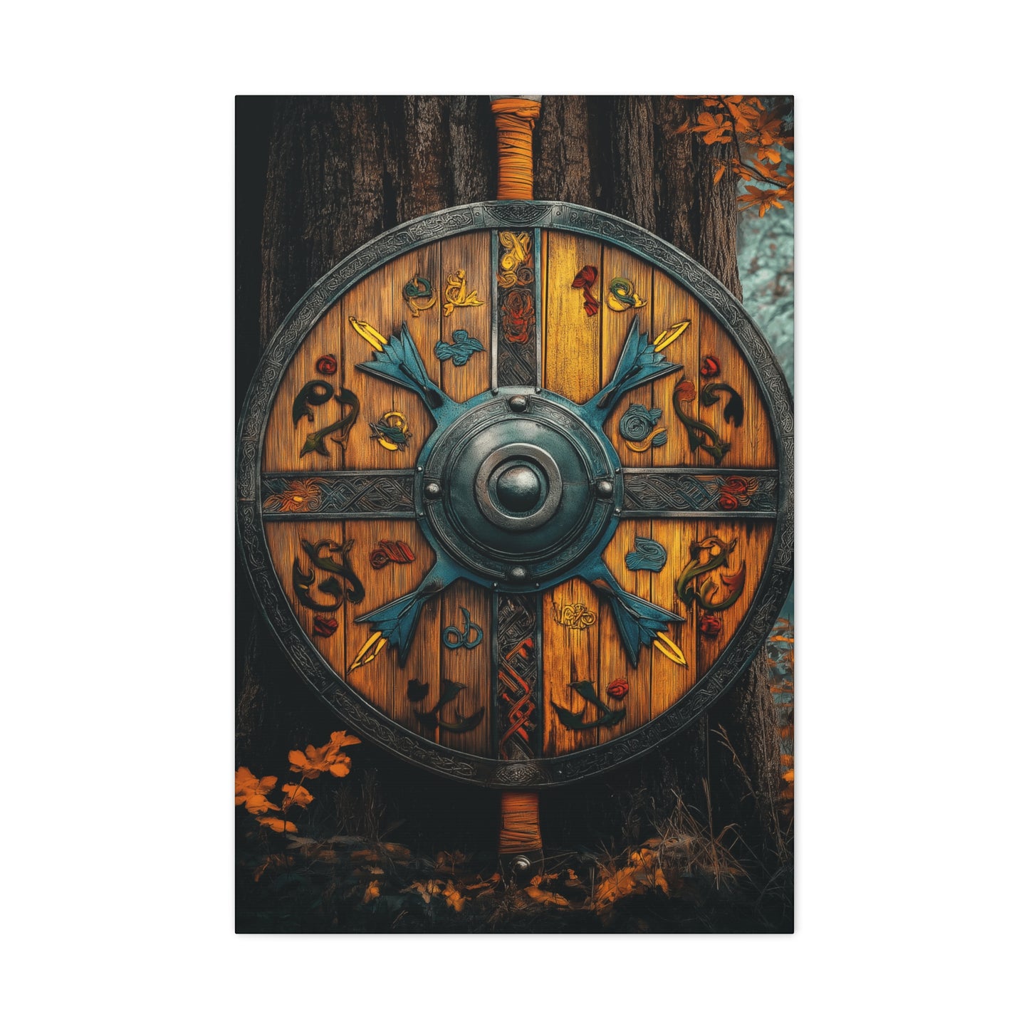 Viking Shield Wall Art - Matte Canvas Print, 1.25" Depth, Rustic Fantasy Decor