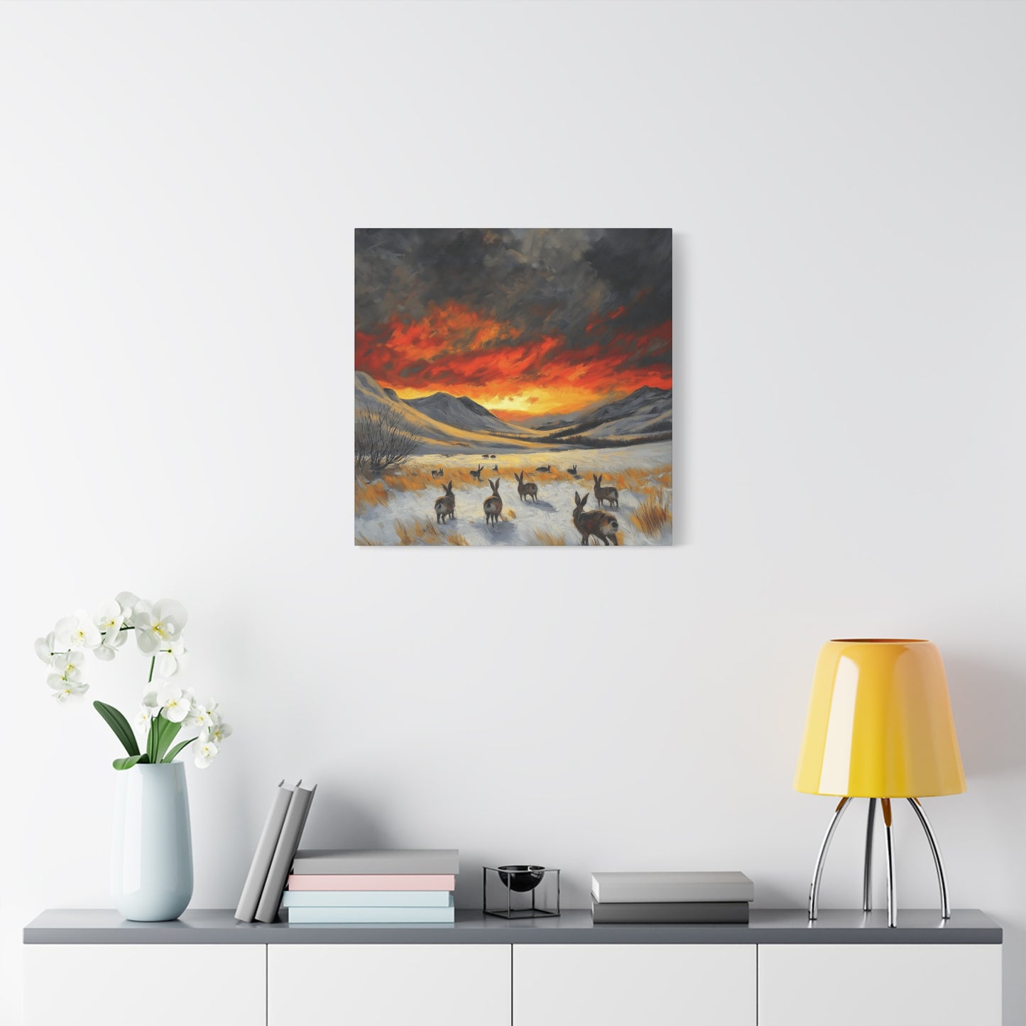 Stretched Canvas Art: Snowy Landscape with Rabbits - Perfect for Home Décor
