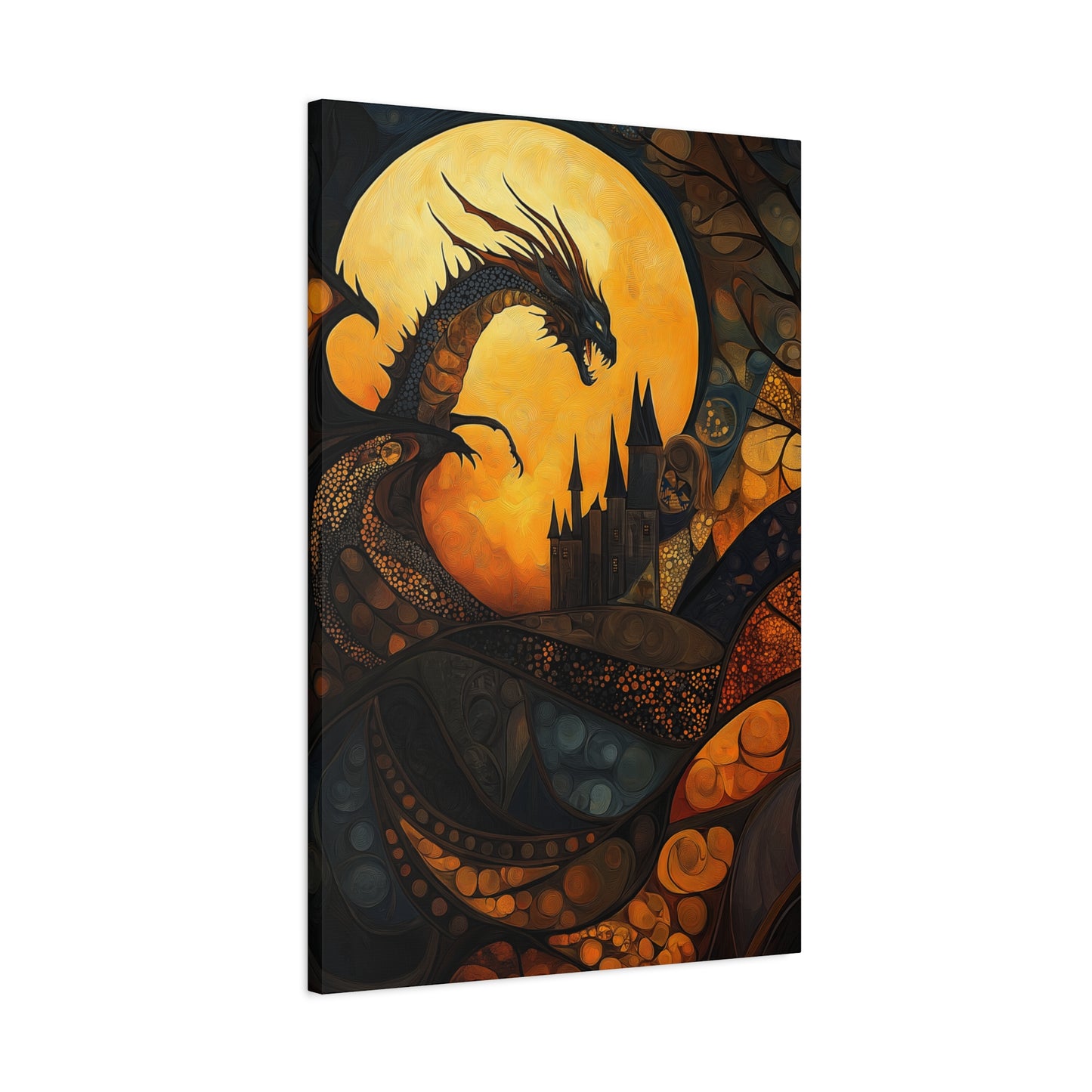 Fantasy Dragon Canvas Wall Art – Majestic Castle & Midnight Sky