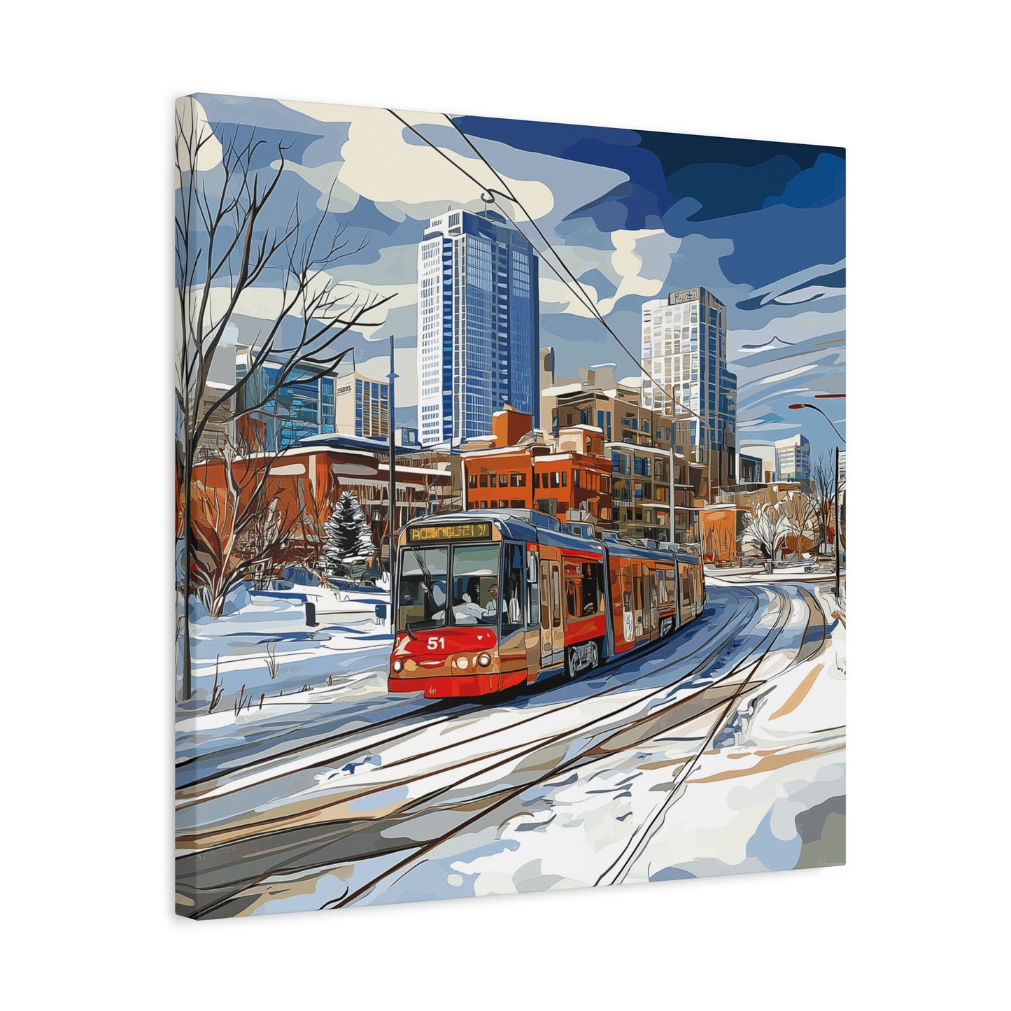 Winter Cityscape Tram Canvas Art - Urban Decor