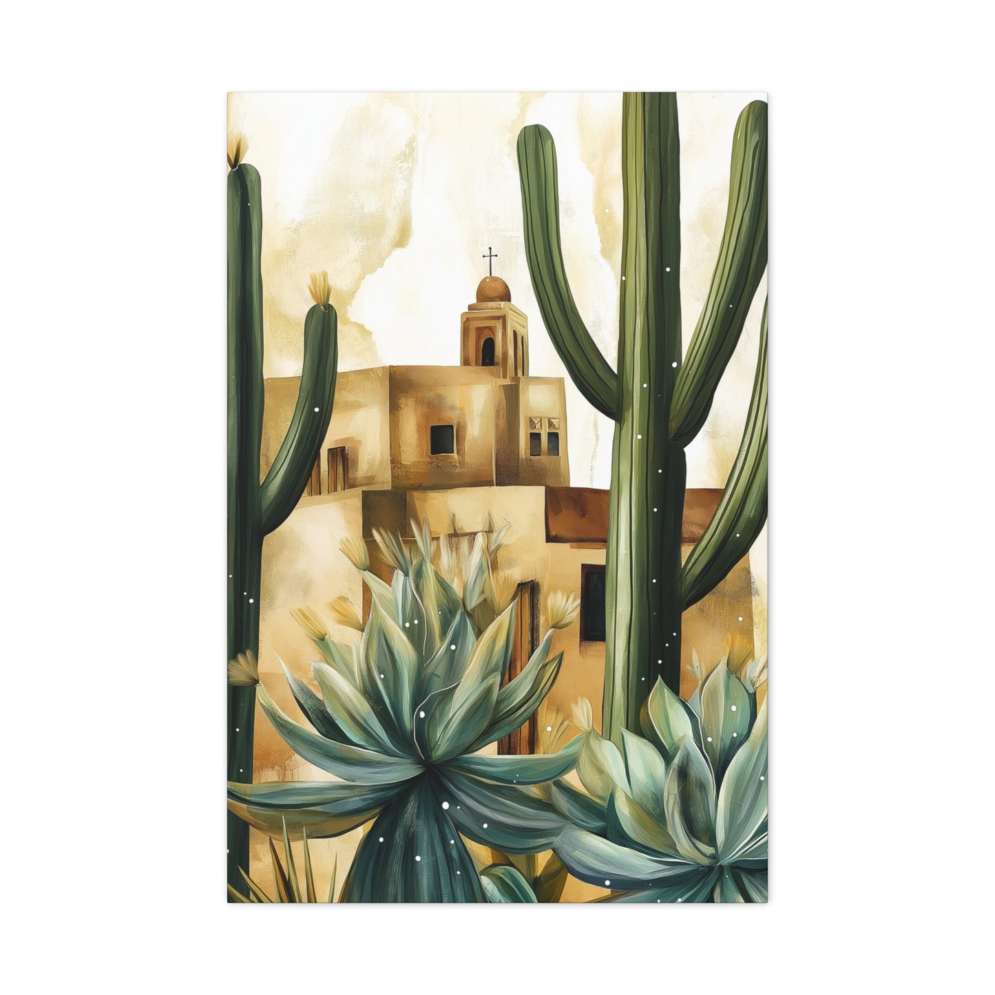Canvas Wall Art - Desert Adobe Church and Cacti Flourish