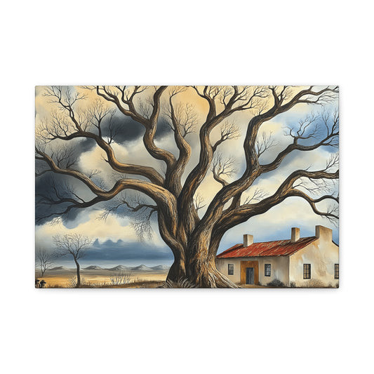 Rustic Landscape Wall Art - Clovis Tree and House Canvas Print