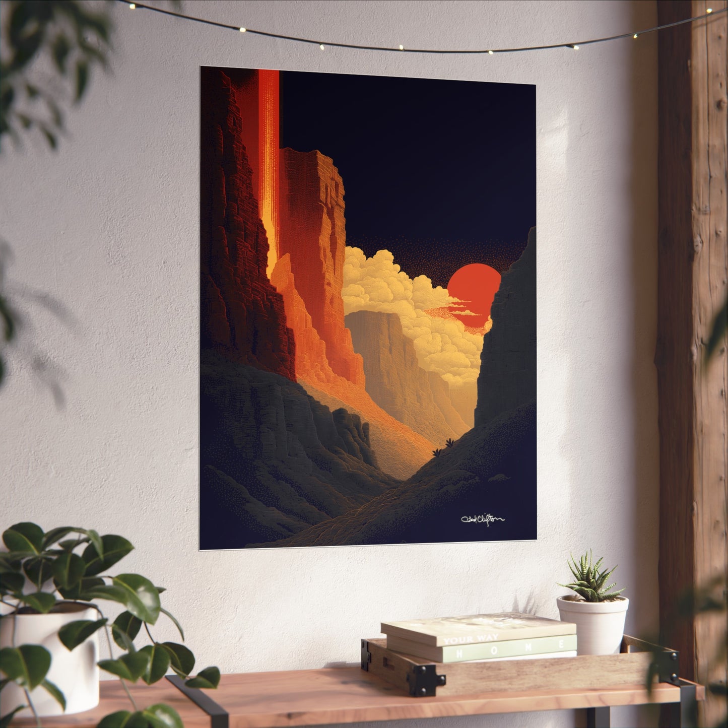 Sunset Canyon Giclee Fine Art Poster — Dramatic Red Sun Landscape Wall Art