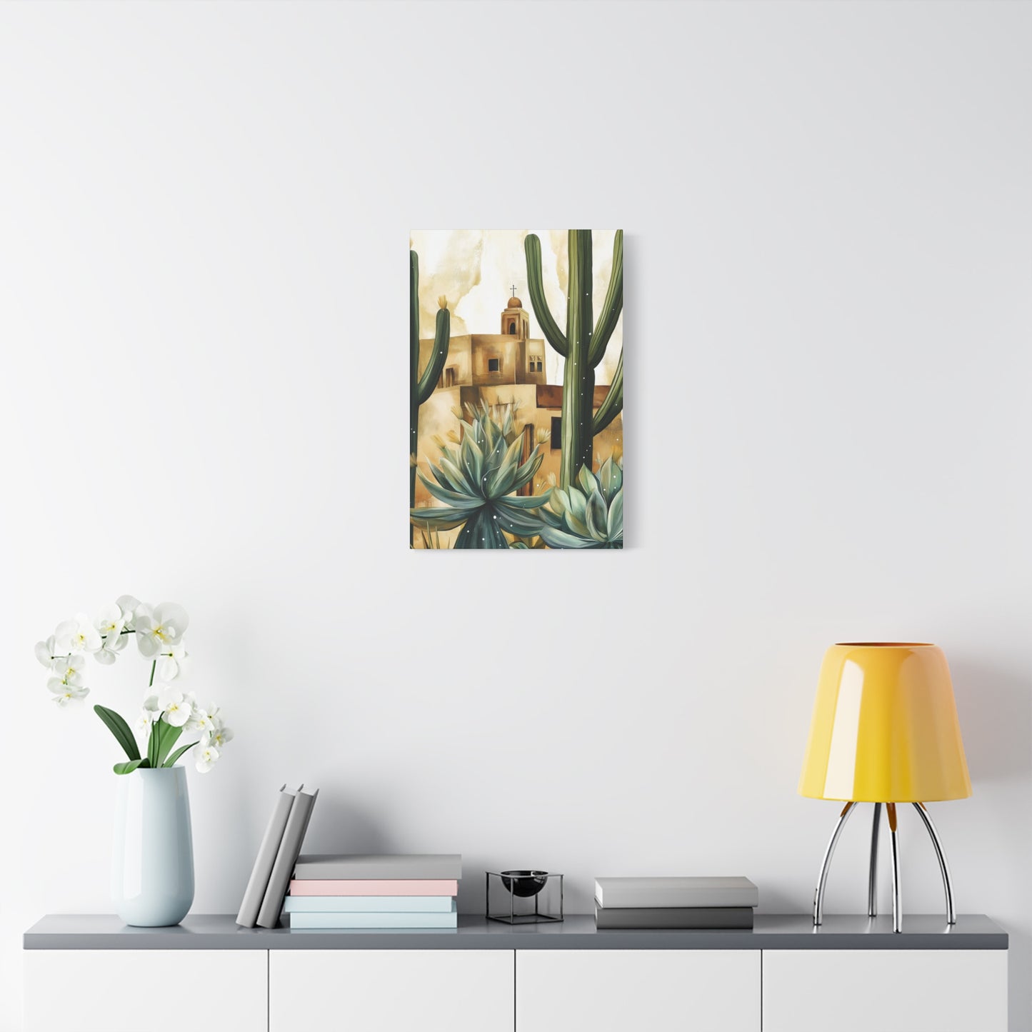 Canvas Wall Art - Desert Adobe Church and Cacti Flourish