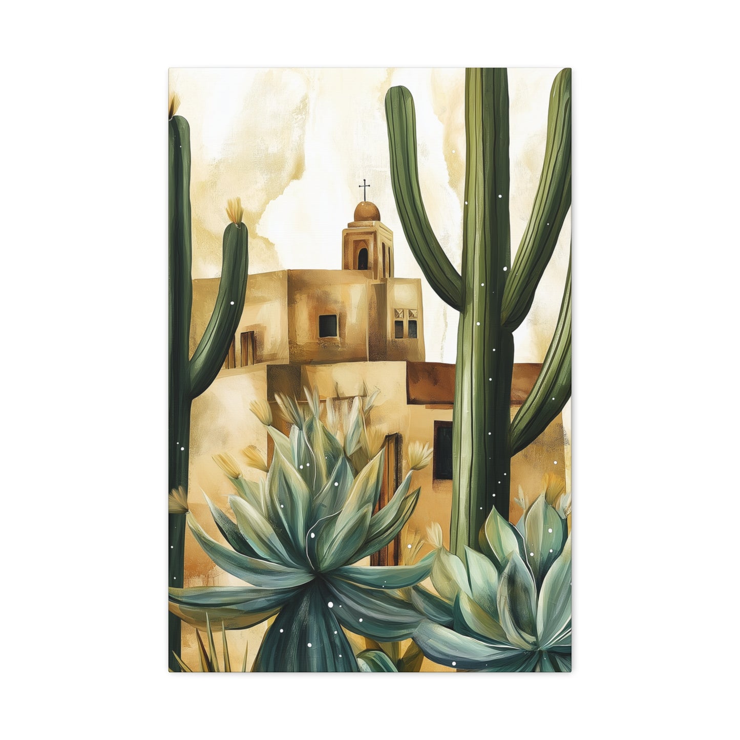 Canvas Wall Art - Desert Adobe Church and Cacti Flourish