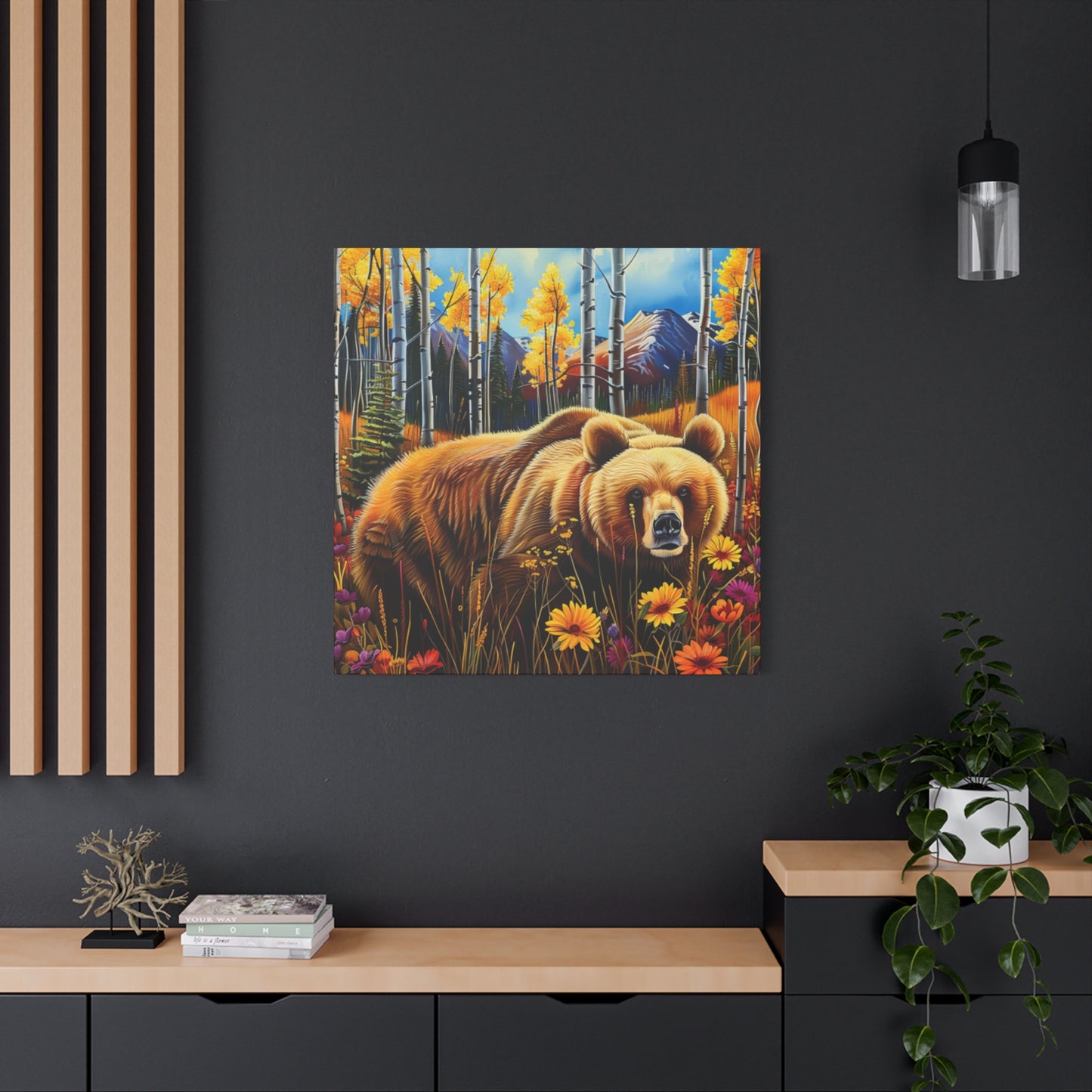 Brown Bear in Mountains smelling flowers