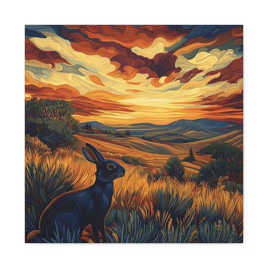 Serene Landscape Canvas Art - Black Rabbit at Sunset