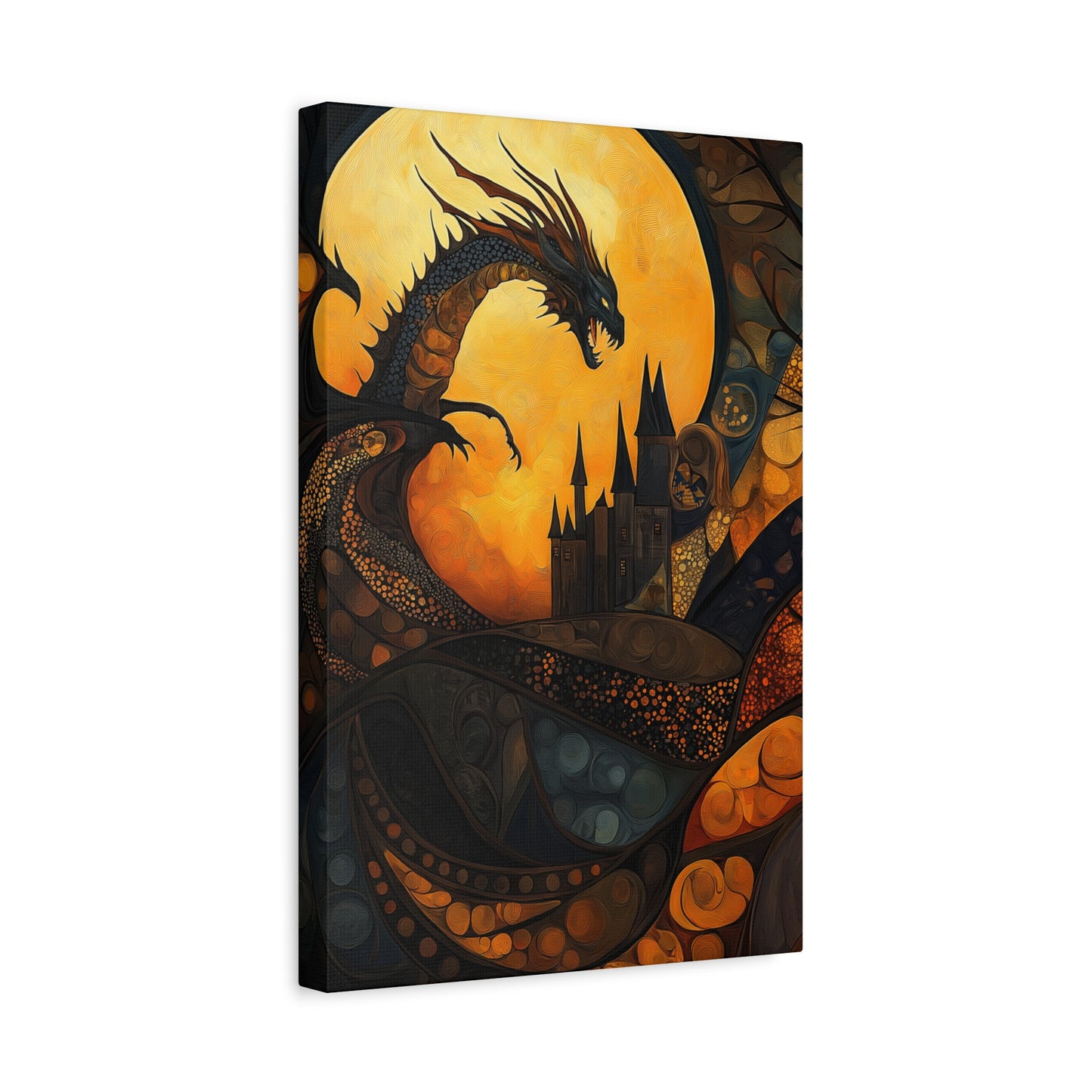 Fantasy Dragon Canvas Wall Art – Majestic Castle & Midnight Sky