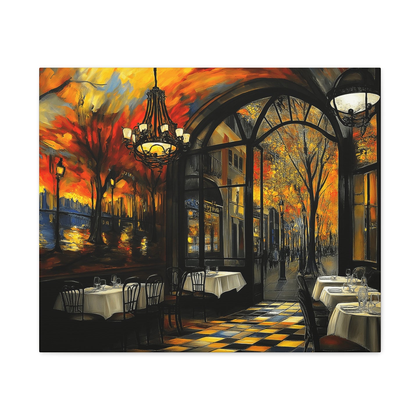 Autumn Cafe Scene Matte Canvas Artwork - Stretched Decorative Wall Art