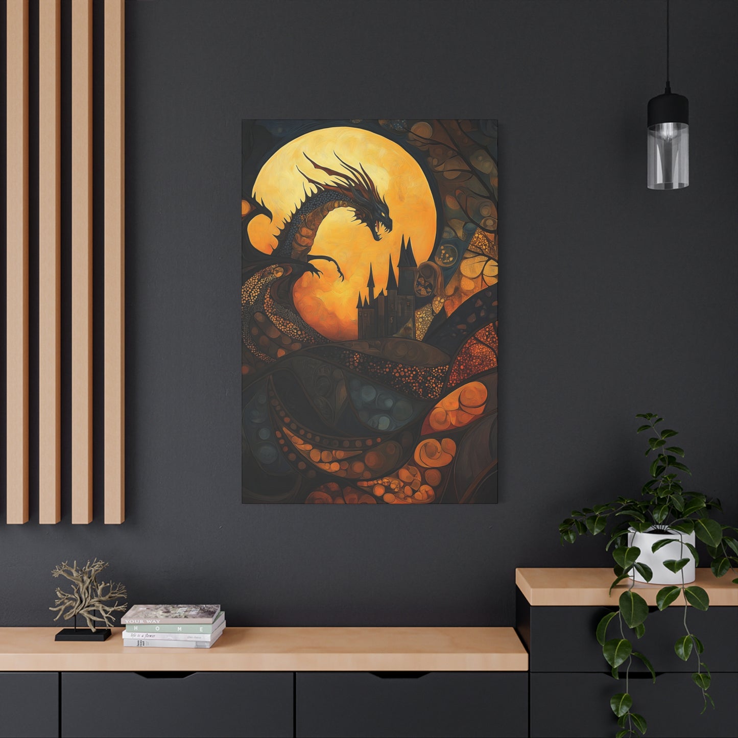 Fantasy Dragon Canvas Wall Art – Majestic Castle & Midnight Sky