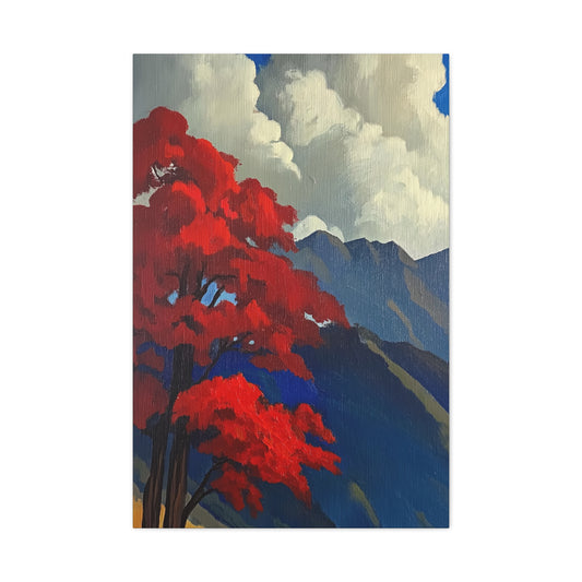 Canvas Print Red Leaves Blue Mountain Wall Art