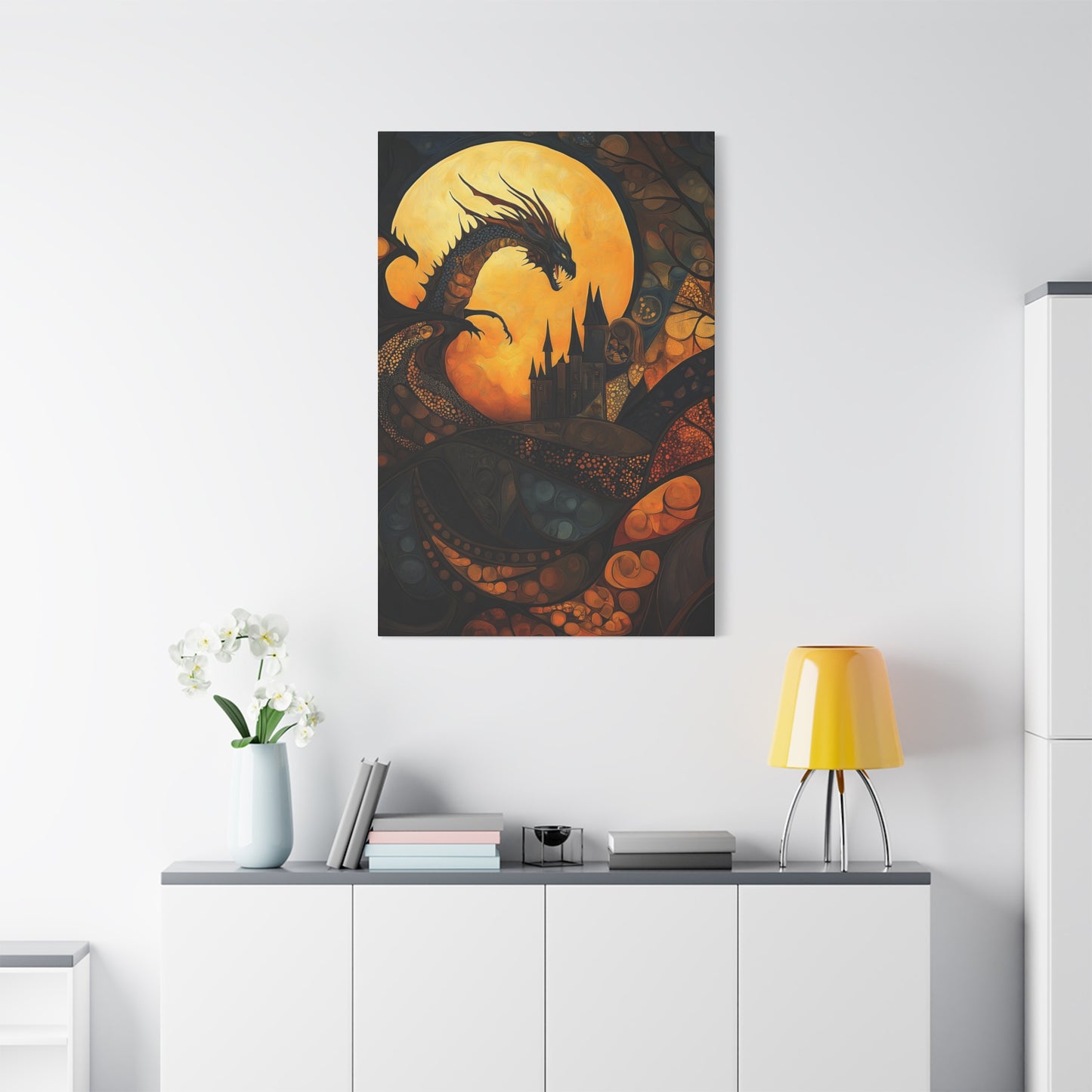 Fantasy Dragon Canvas Wall Art – Majestic Castle & Midnight Sky