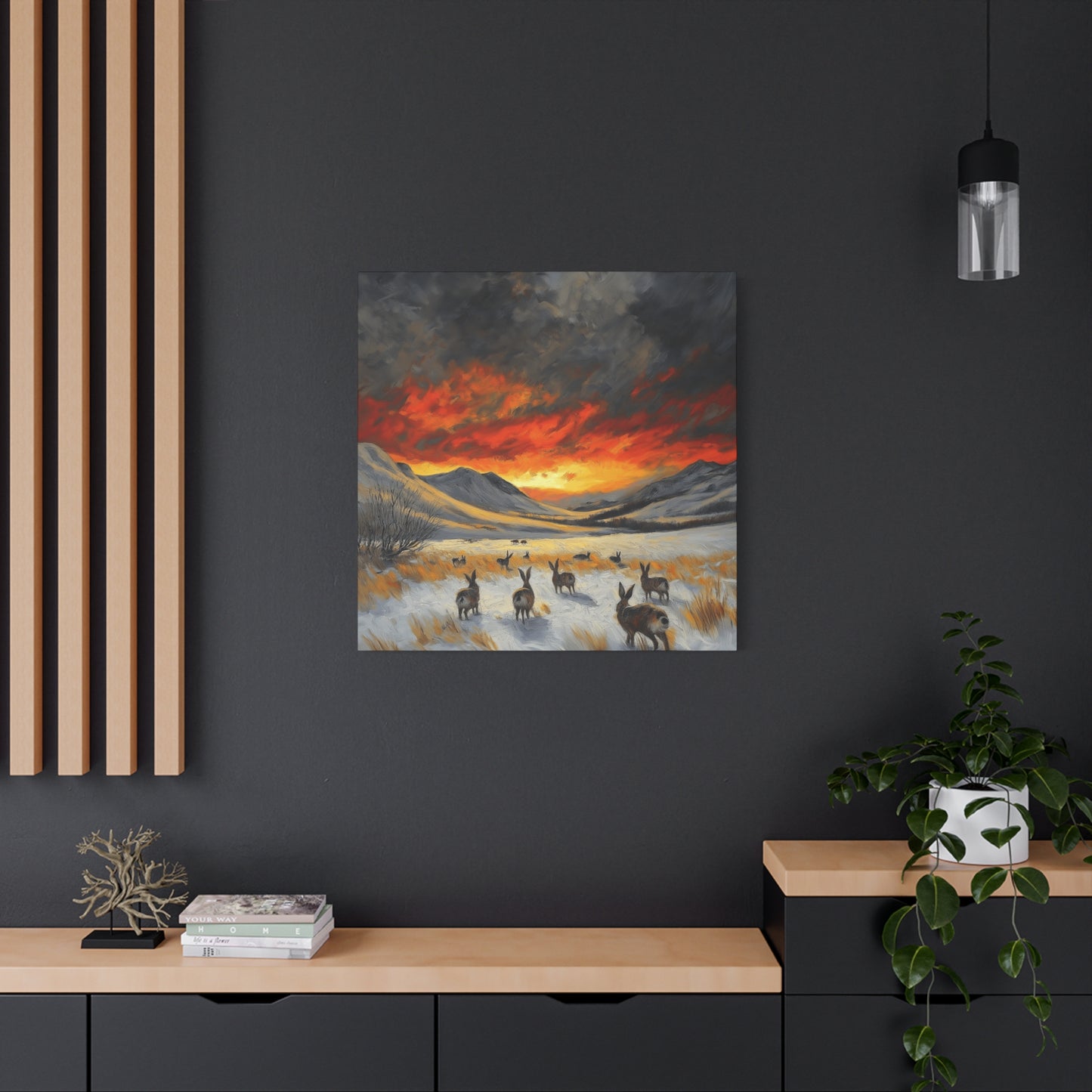 Stretched Canvas Art: Snowy Landscape with Rabbits - Perfect for Home Décor