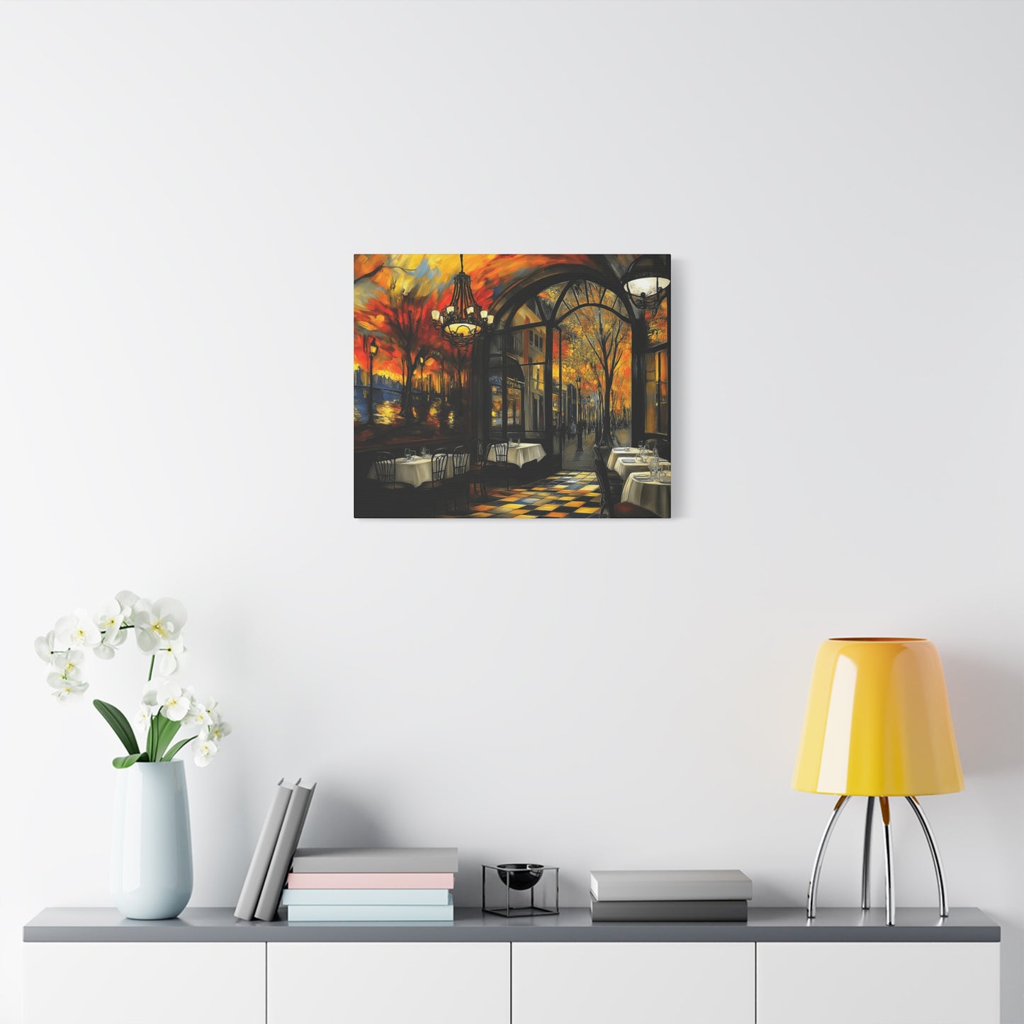 Autumn Cafe Scene Matte Canvas Artwork - Stretched Decorative Wall Art