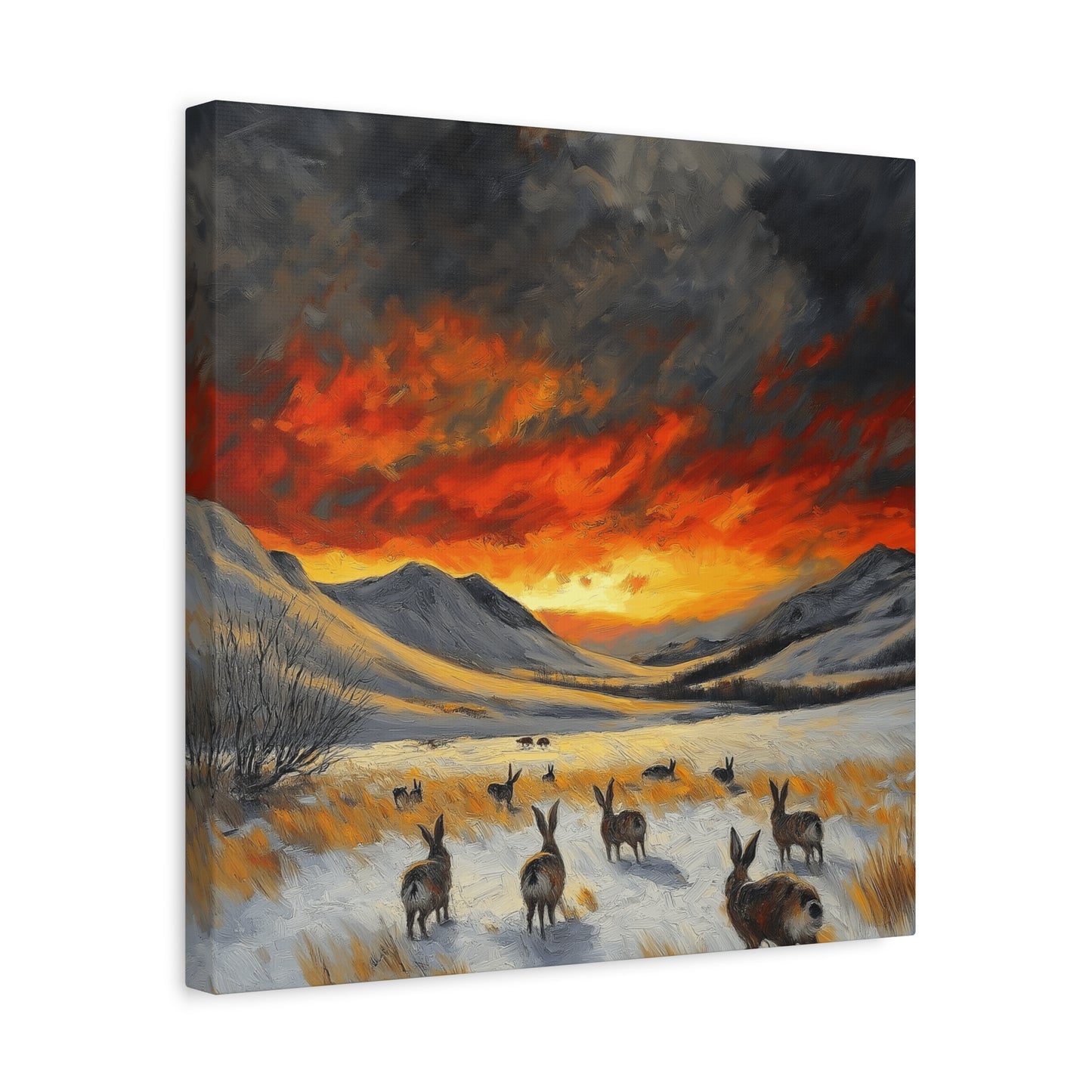 Stretched Canvas Art: Snowy Landscape with Rabbits - Perfect for Home Décor