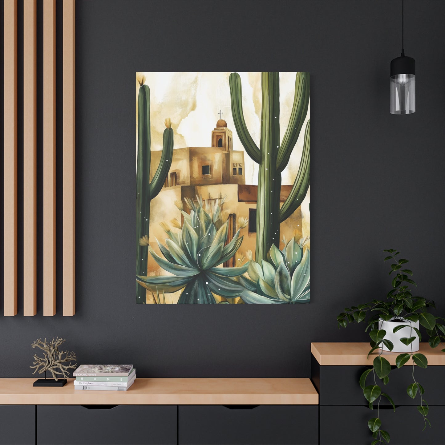 Canvas Wall Art - Desert Adobe Church and Cacti Flourish