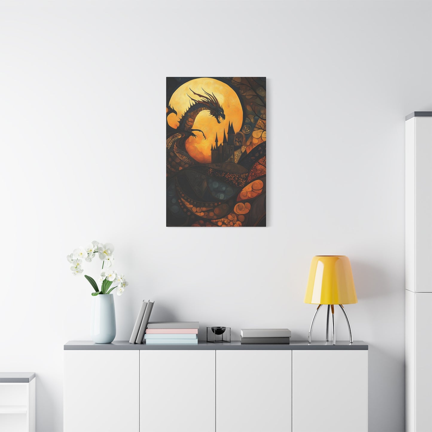 Fantasy Dragon Canvas Wall Art – Majestic Castle & Midnight Sky